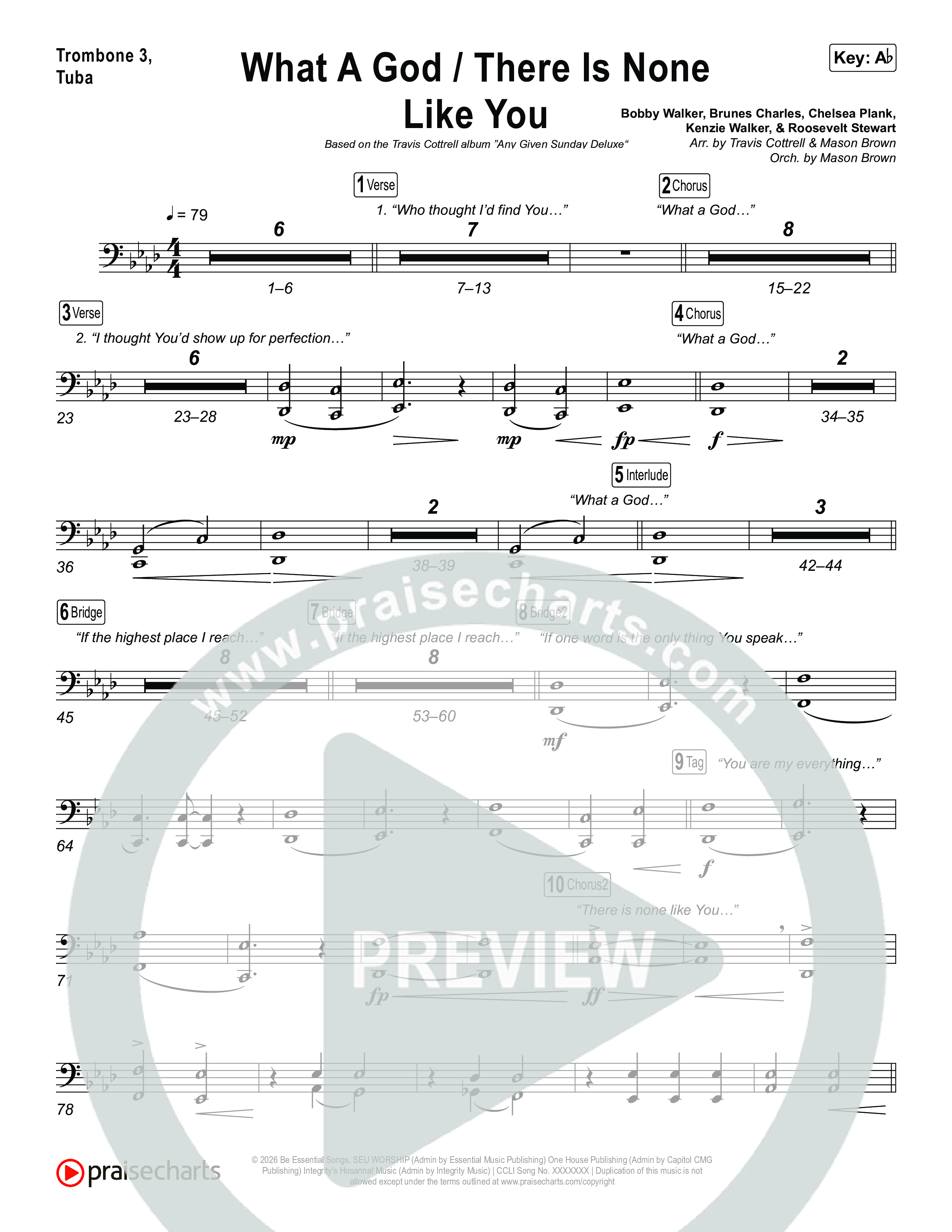 What A God / There Is None Like You (Choral/SATB) Trombone 1,2 (Travis Cottrell / Brooke Voland / Arr. Mason Brown)