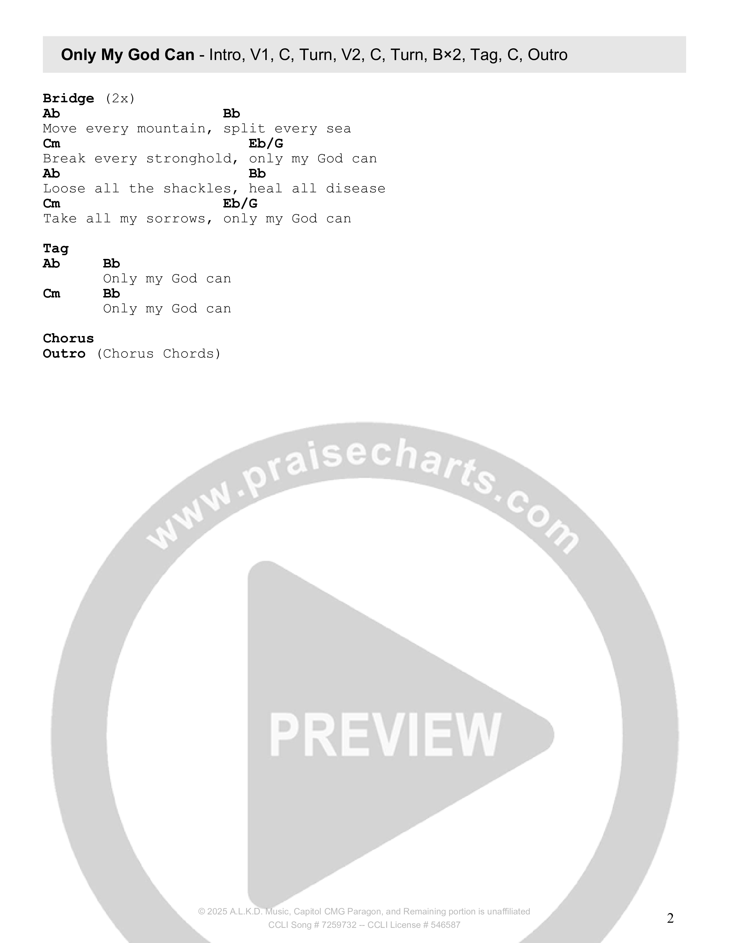 Only My God Can Chord Chart (Seacoast)