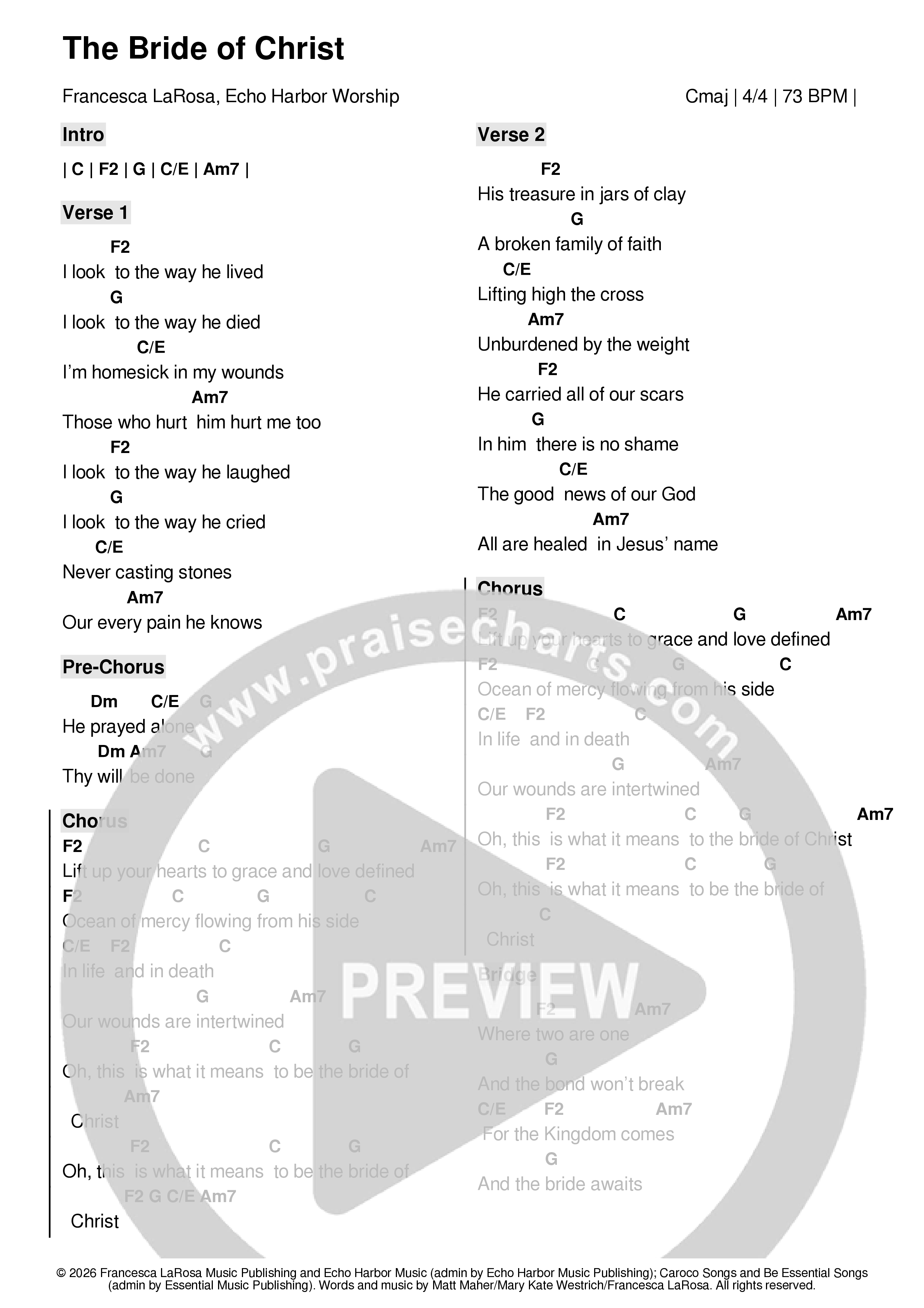 The Bride Of Christ Chord Chart (Echo Harbor Worship / Francesca LaRosa)