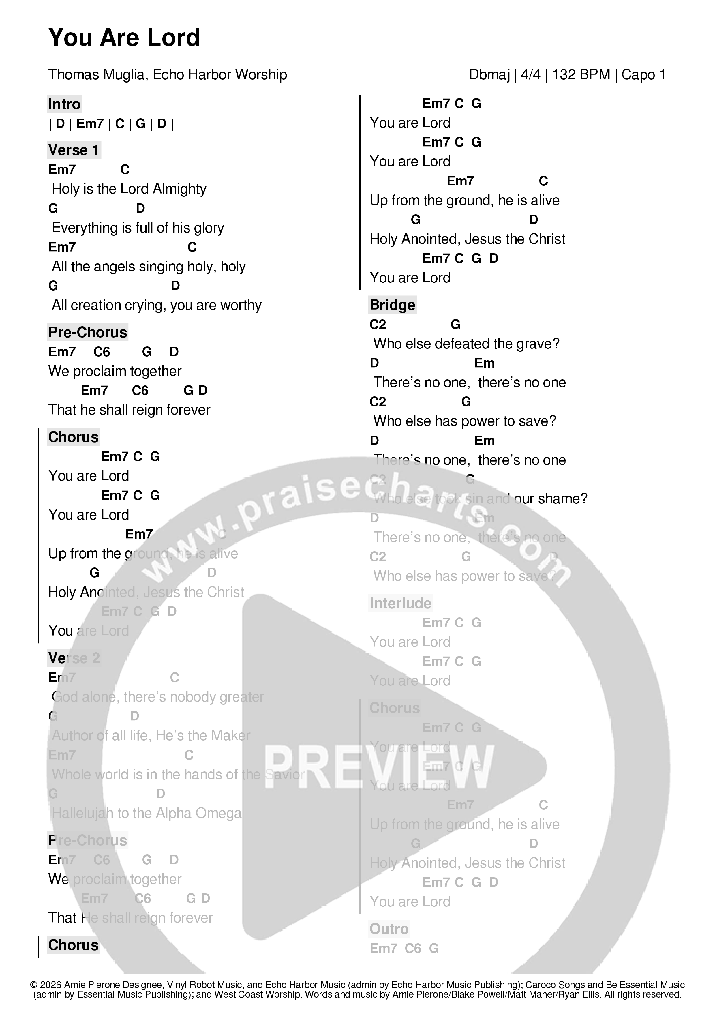 You Are Lord Chord Chart (Echo Harbor Worship / Thomas Muglia)