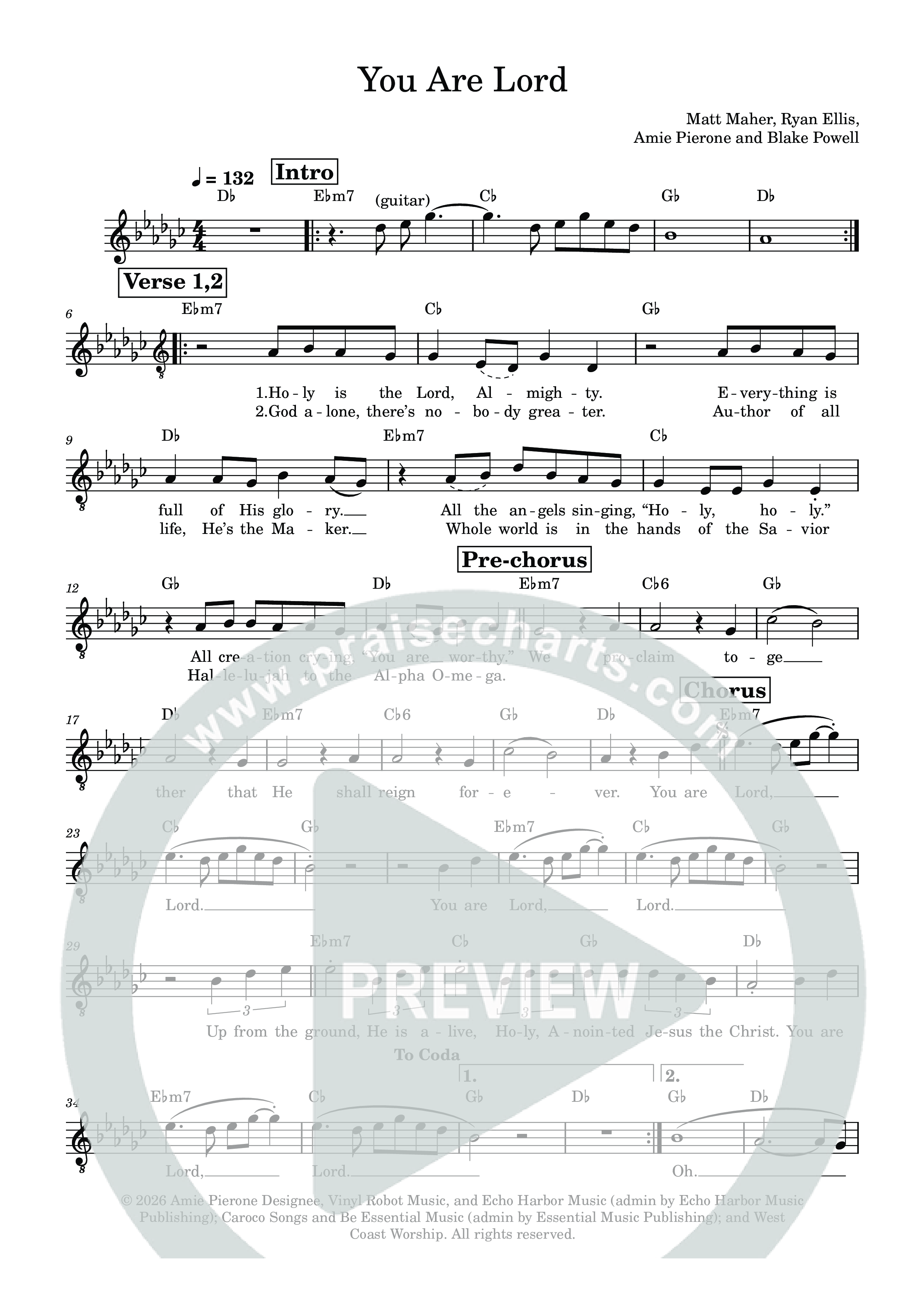 You Are Lord Lead Sheet Melody (Echo Harbor Worship / Thomas Muglia)