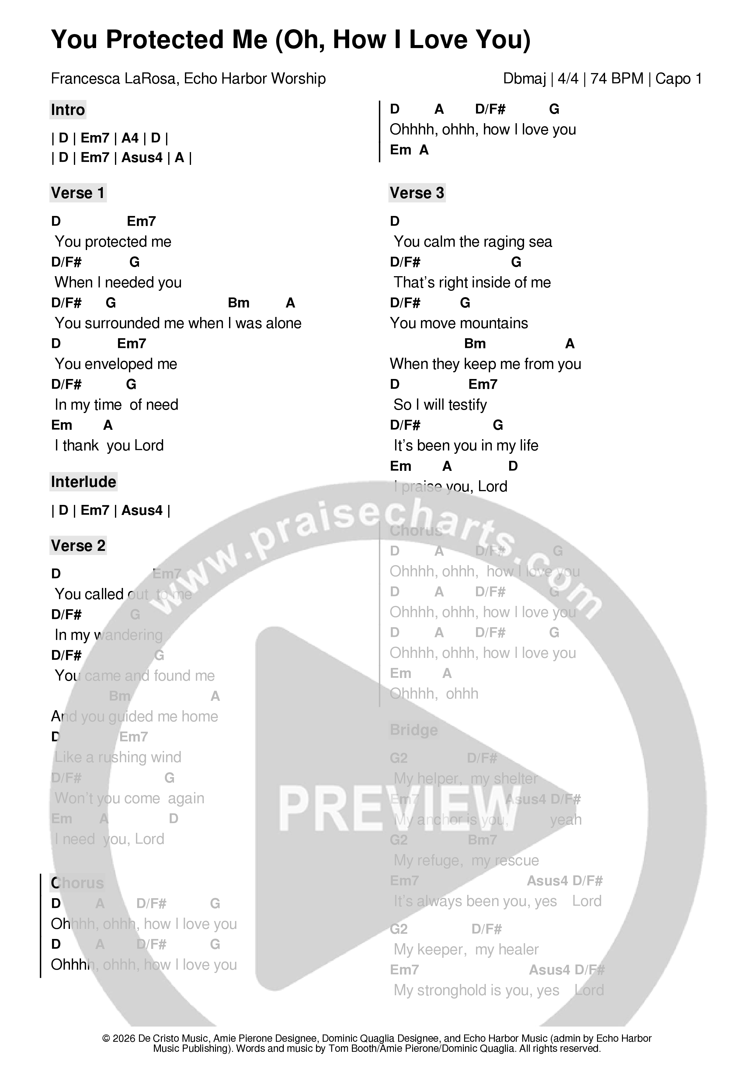 You Protected Me (Oh How I Love You) Chord Chart (Echo Harbor Worship / Francesca LaRosa)