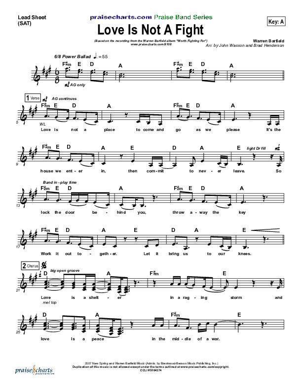Love Is Not A Fight Lead Sheet (SAT) (Warren Barfield)