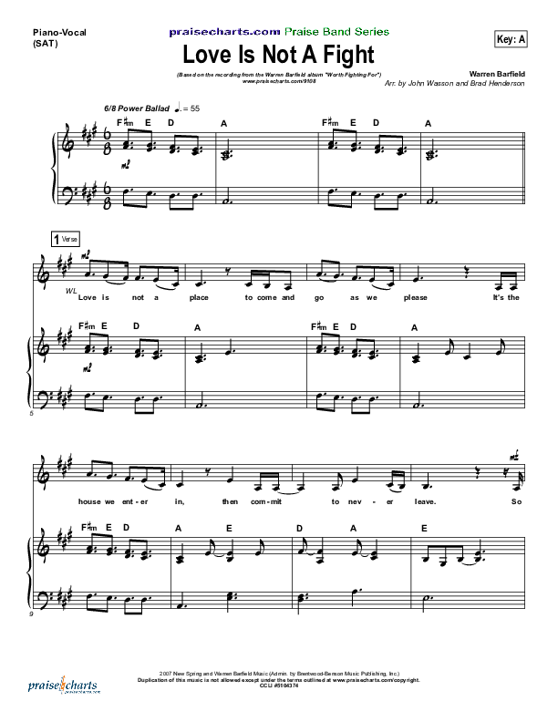 Love Is Not A Fight Piano/Vocal (SAT) (Warren Barfield)