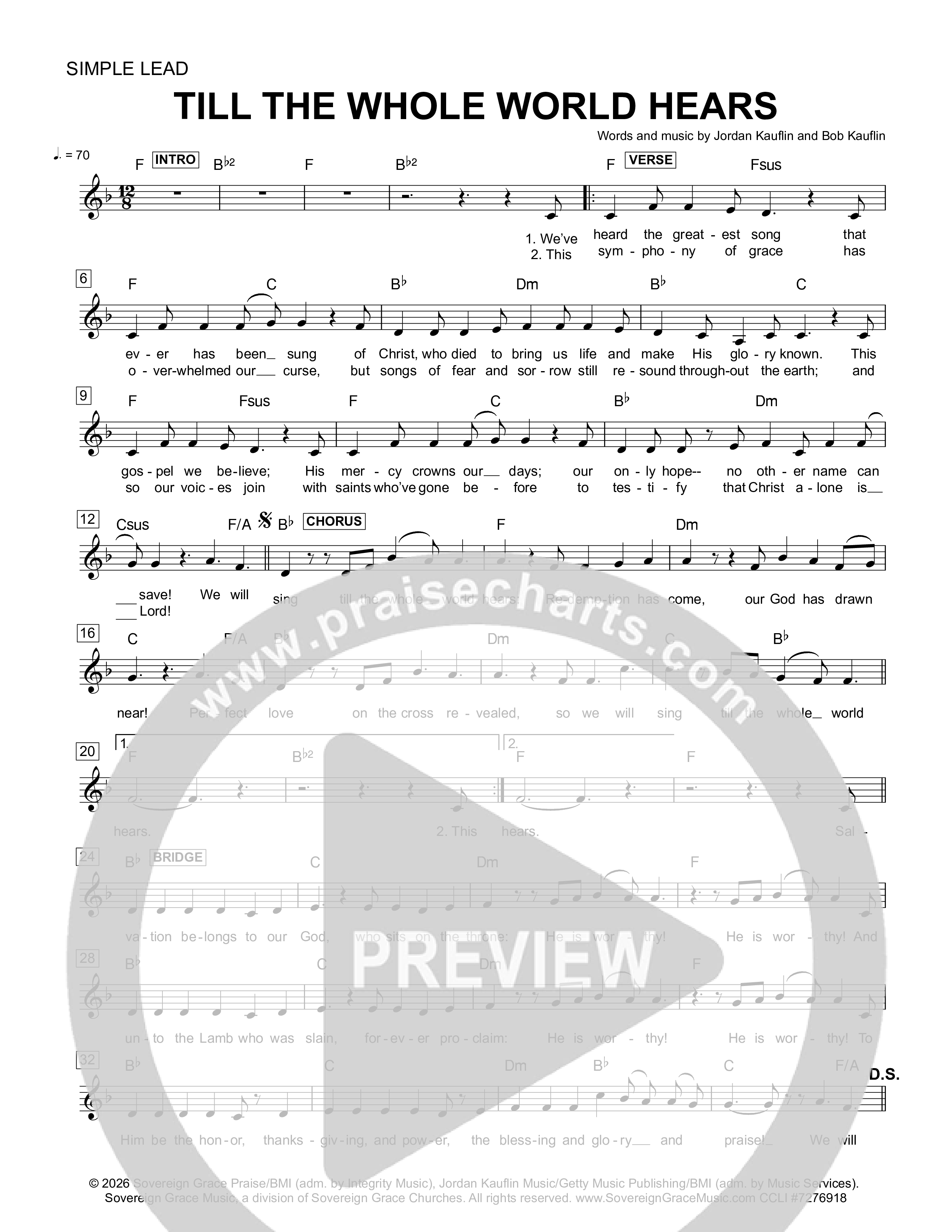 Till The Whole World Hears Lead Sheet Melody (Sovereign Grace)