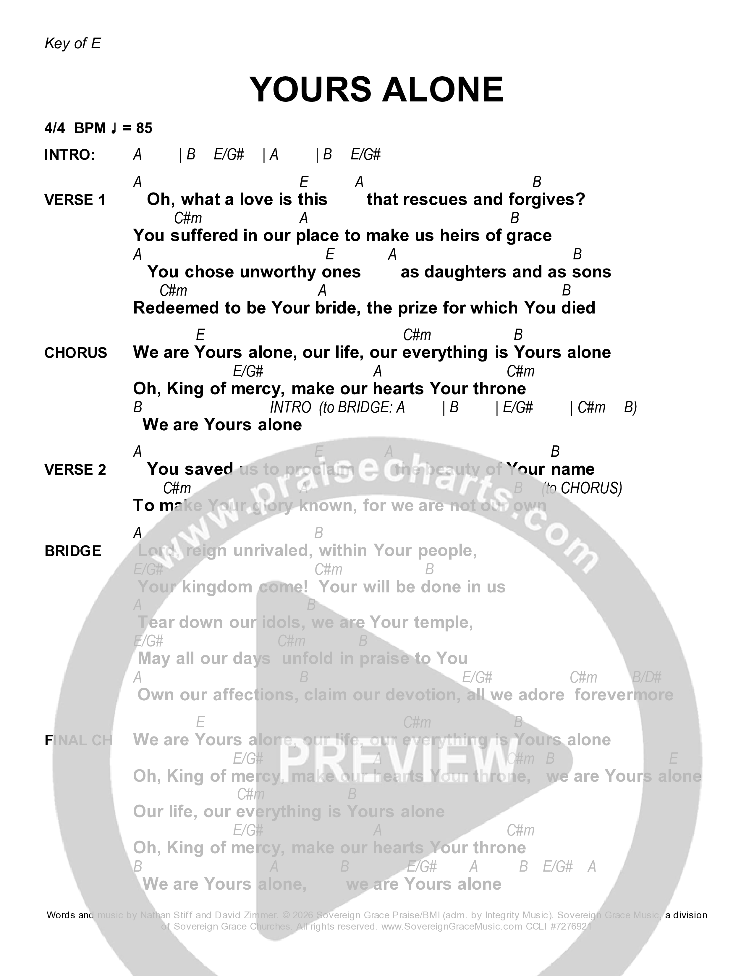 Yours Alone Chord Chart (Sovereign Grace)