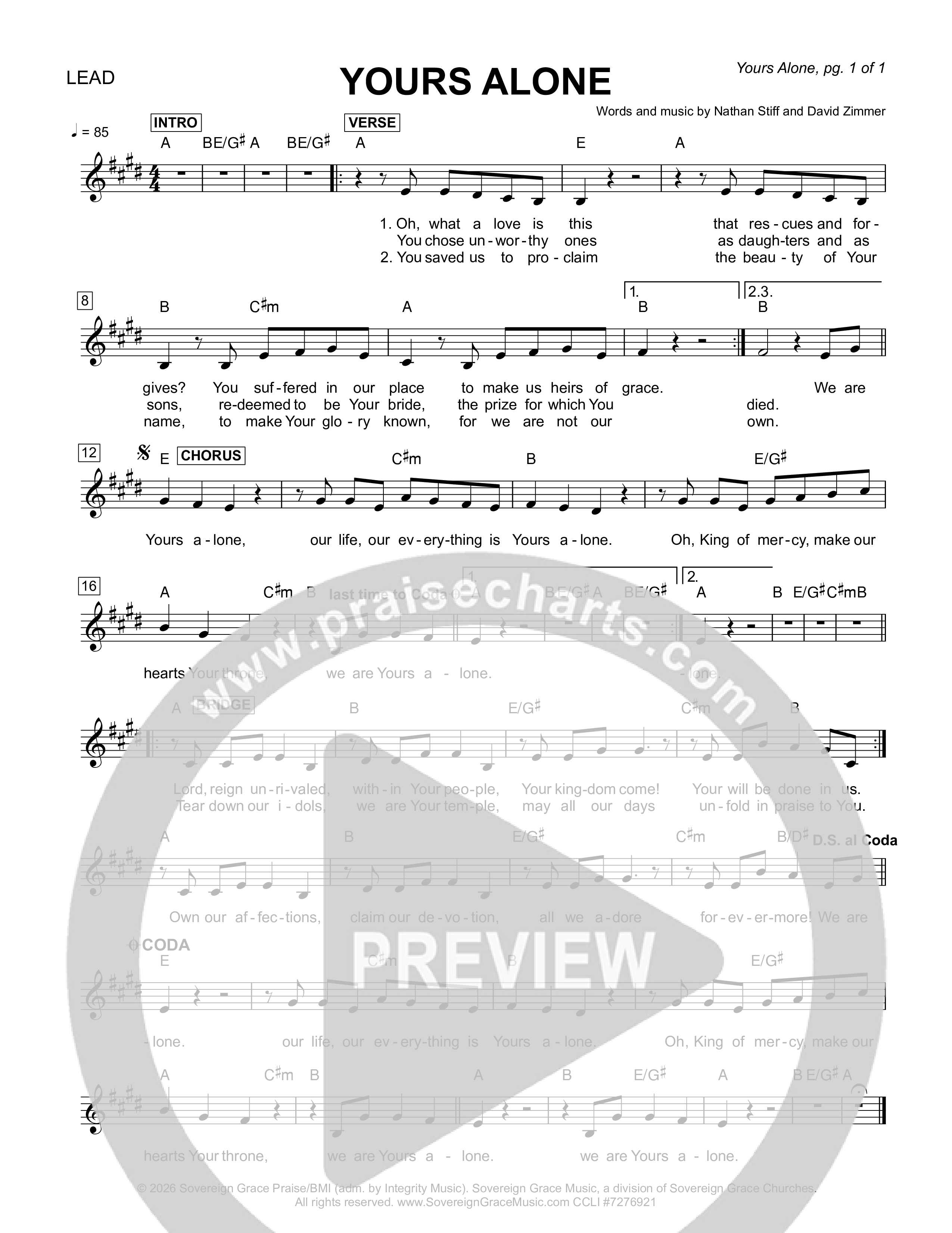 Yours Alone Lead Sheet Melody (Sovereign Grace)