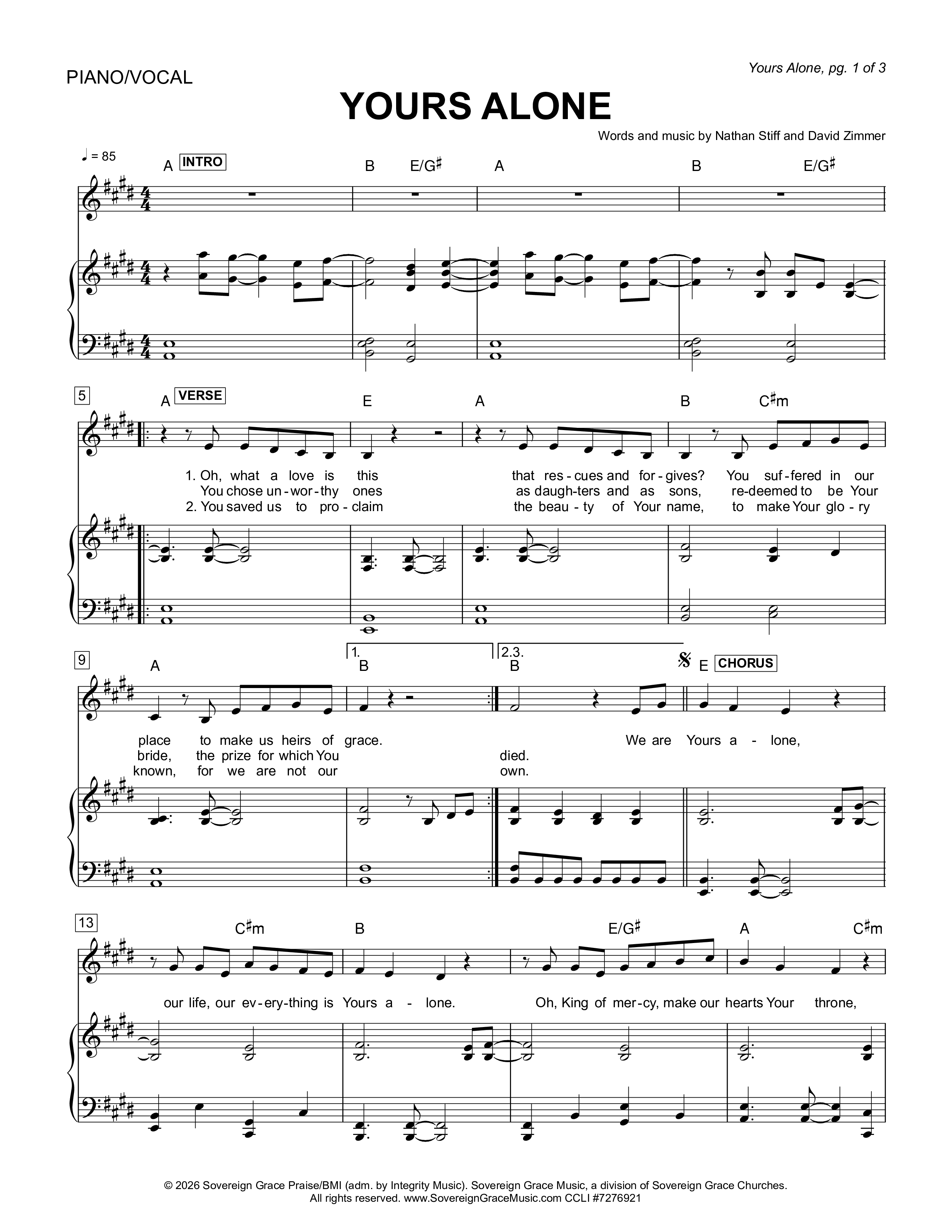 Yours Alone Piano/Melody (Sovereign Grace)
