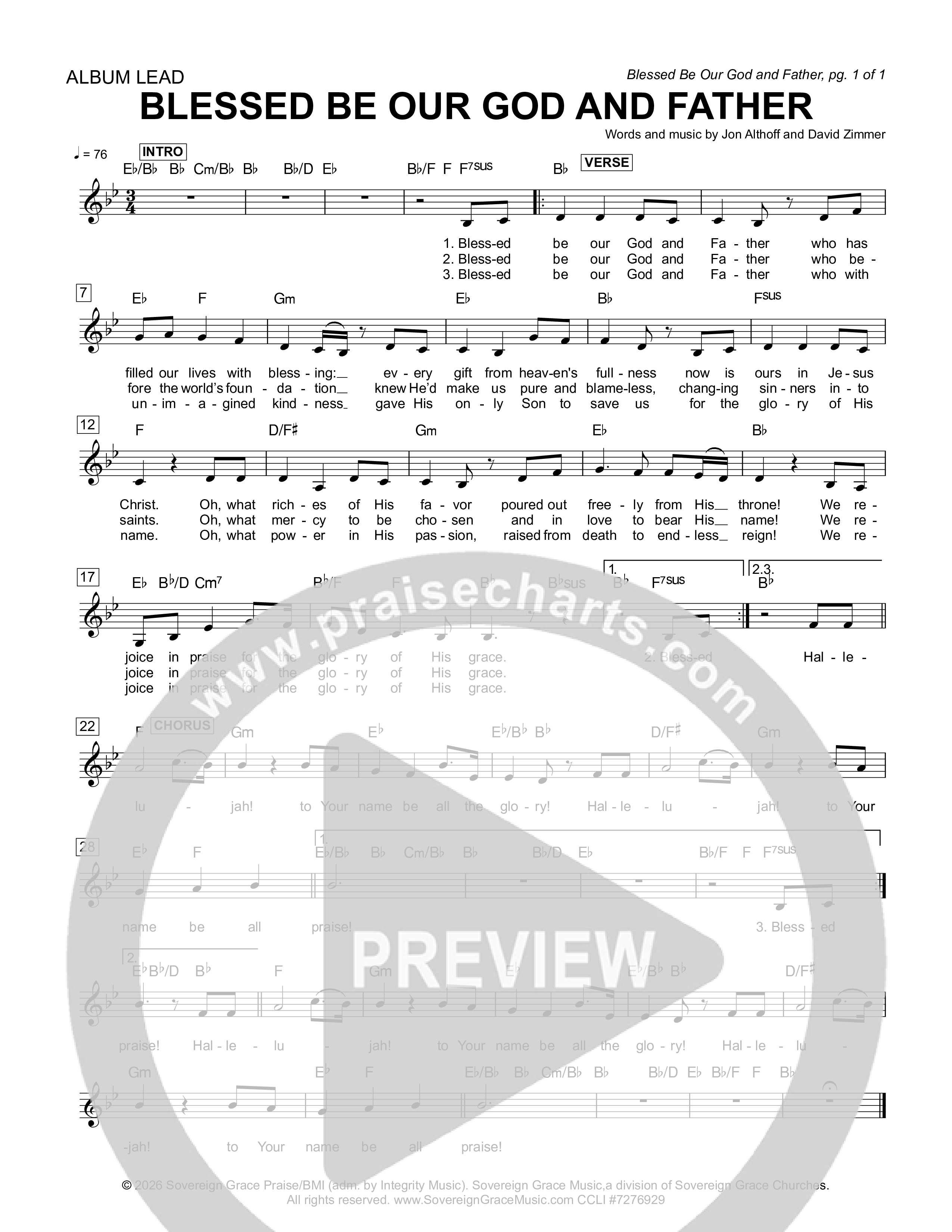 Blessed Be Our God And Father Lead Sheet Melody (Sovereign Grace)