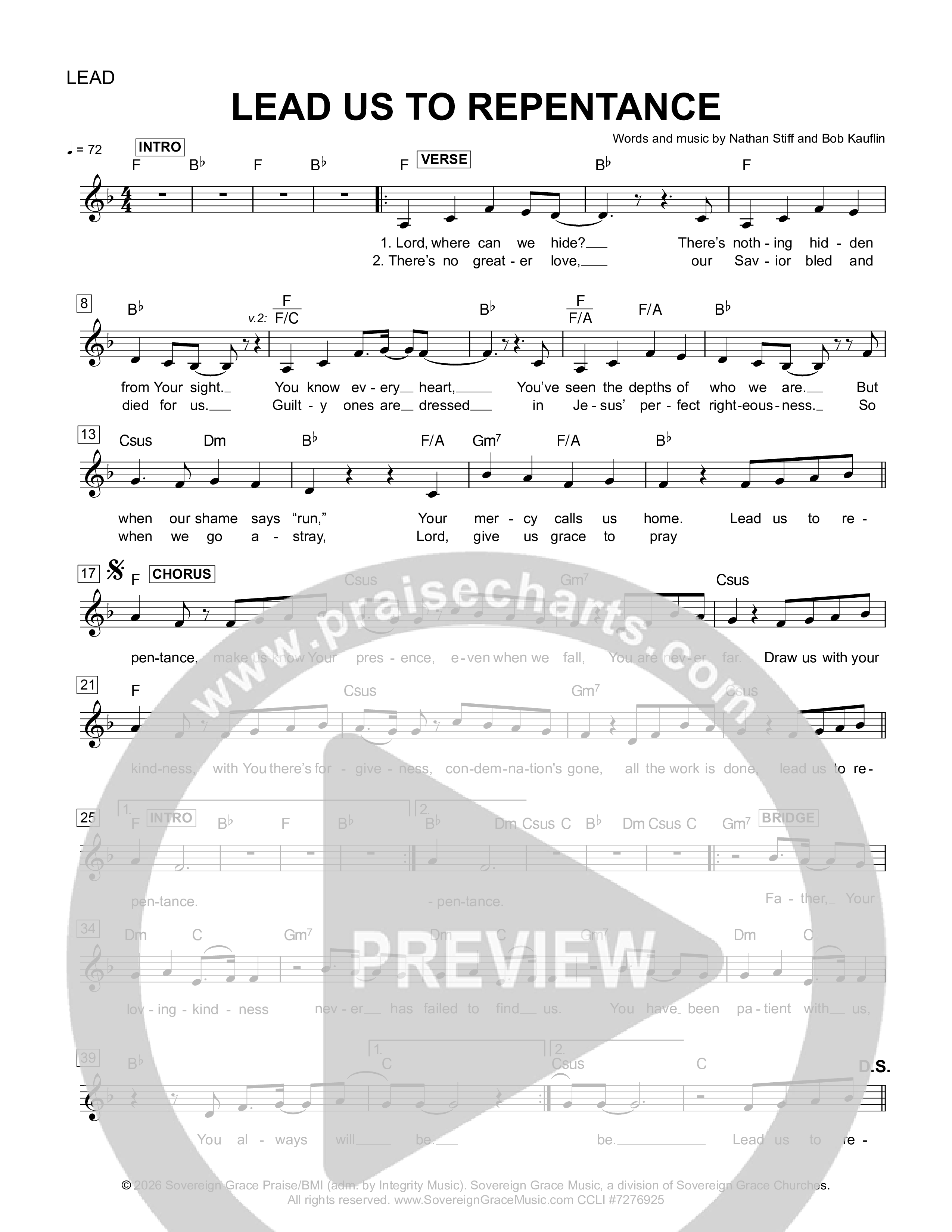 Lead Us To Repentance Lead Sheet Melody (Sovereign Grace)