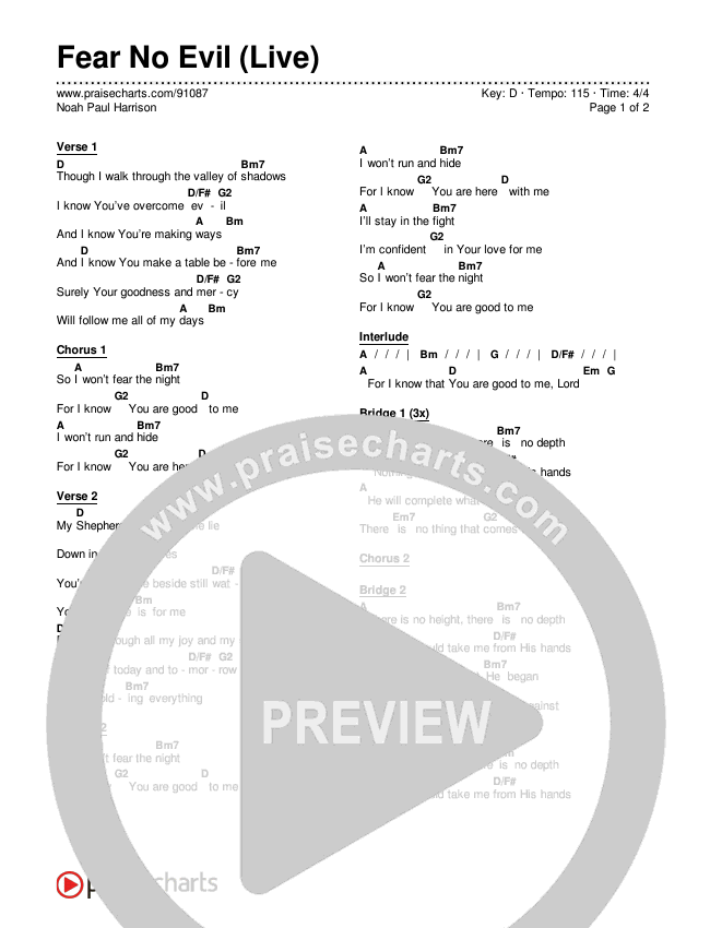 Fear No Evil (Live) Chords & Lyrics (Noah Paul Harrison)