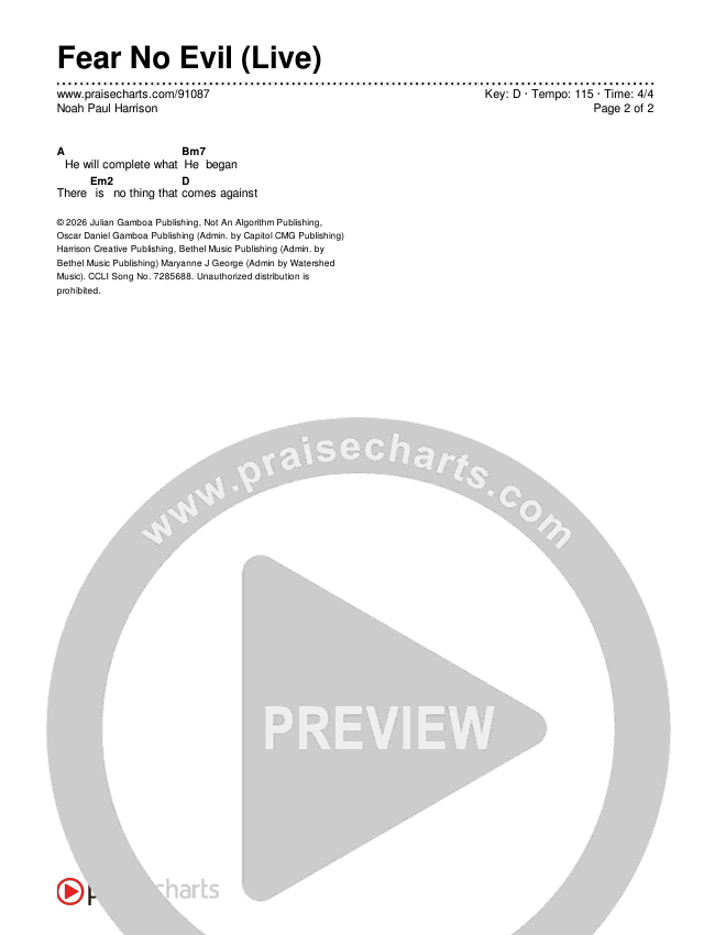 Fear No Evil (Live) Chords & Lyrics (Noah Paul Harrison)