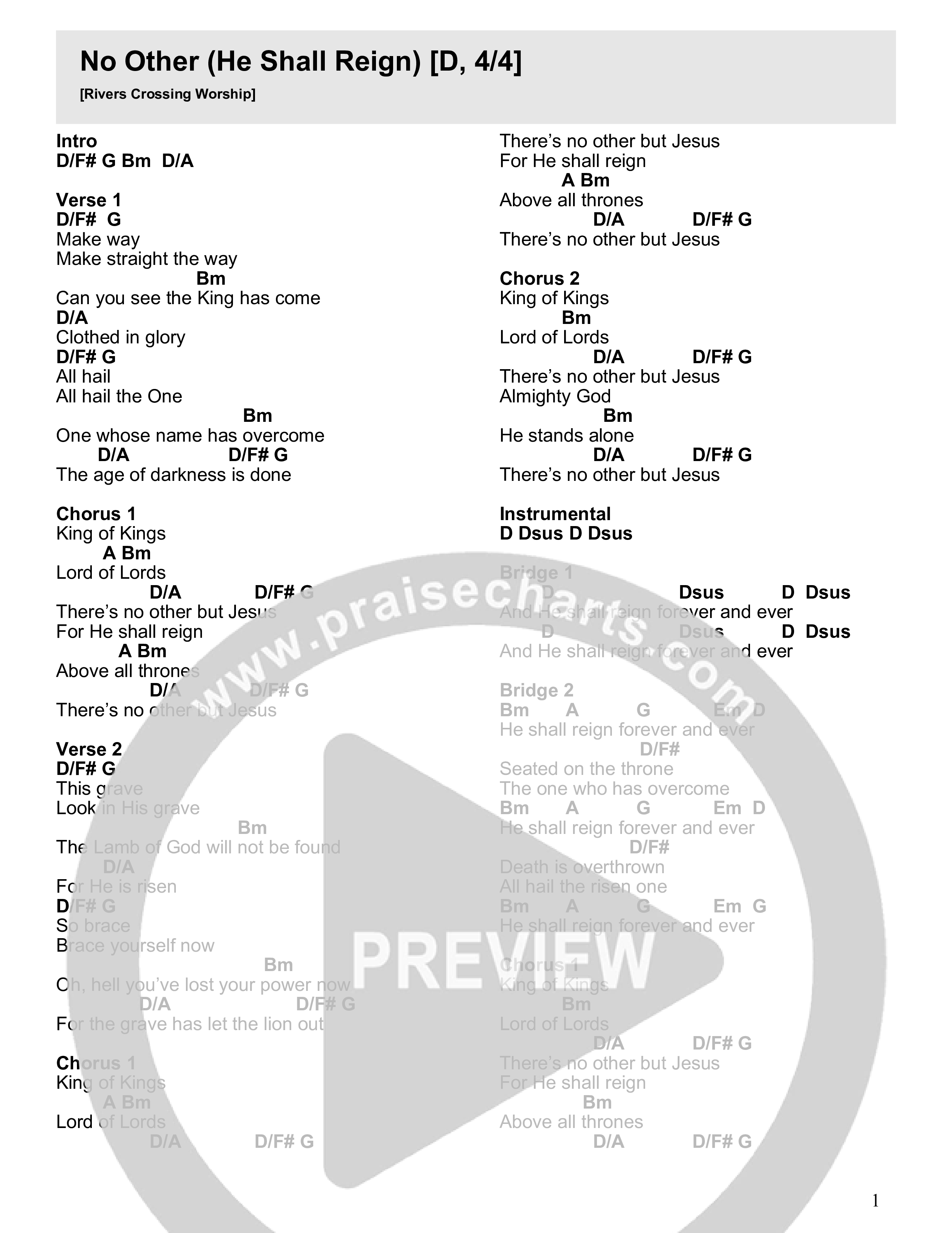No Other (He Shall Reign) Chord Chart (Rivers Crossing Worship)