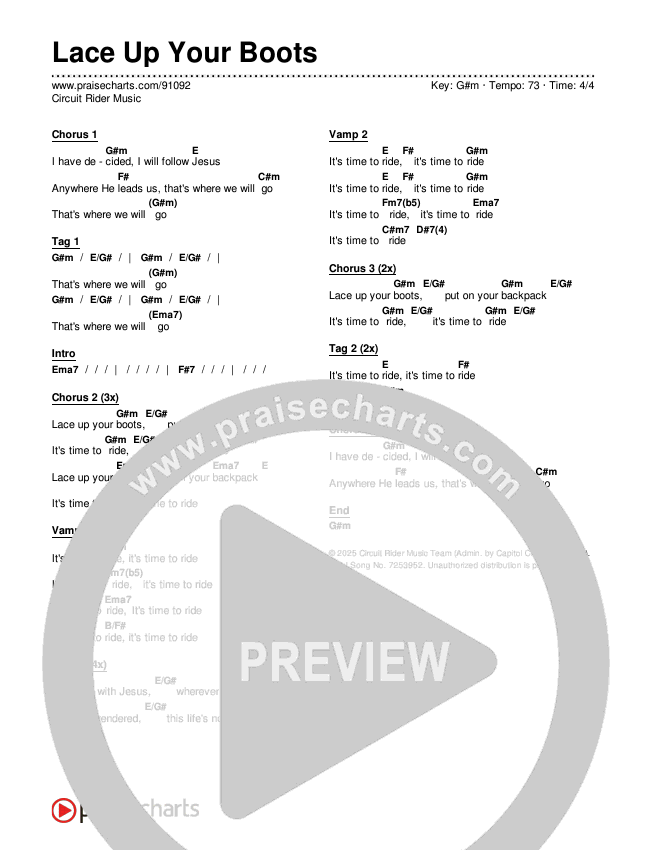 Lace Up Your Boots Chords & Lyrics (Circuit Rider Music)