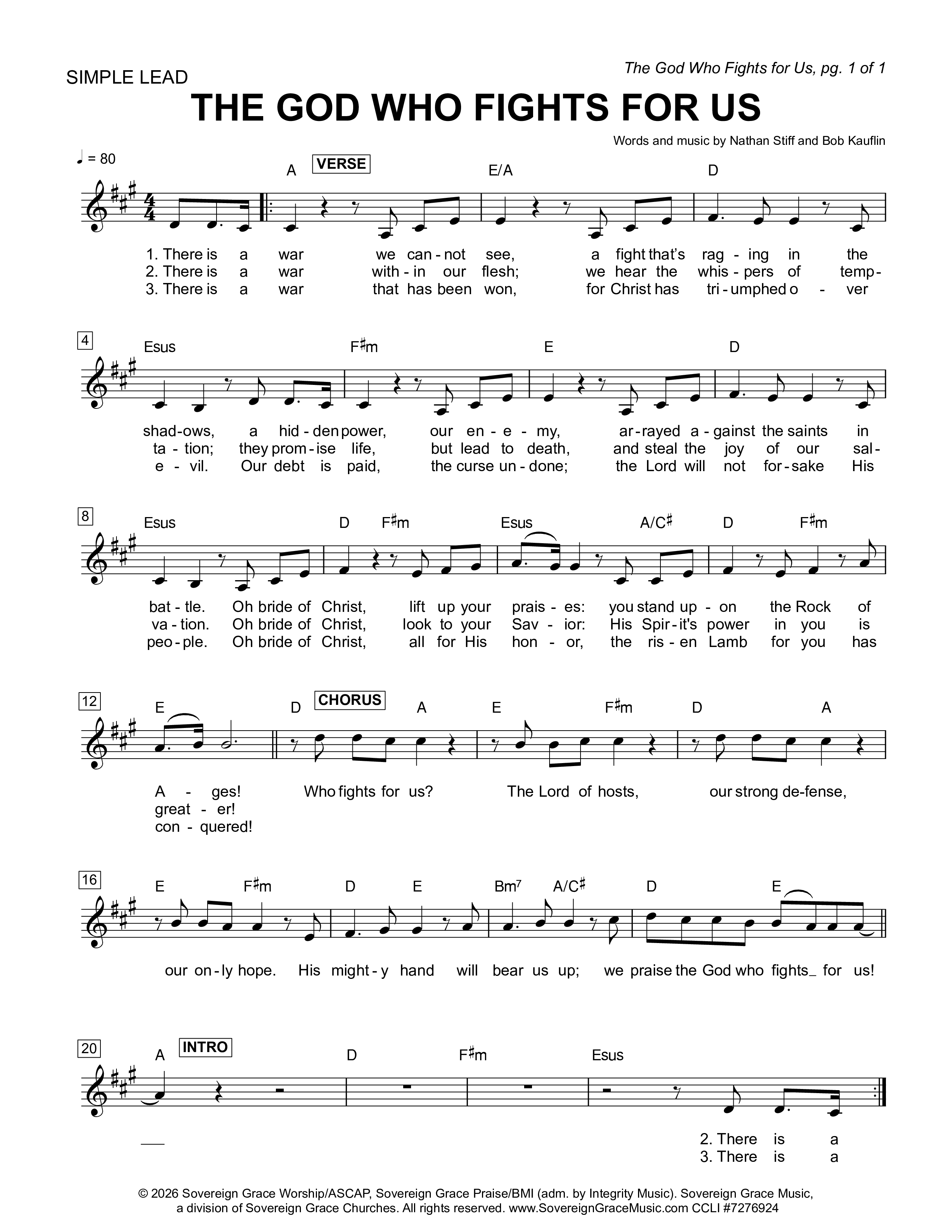 The God Who Fights For Us Lead Sheet Melody (Sovereign Grace)