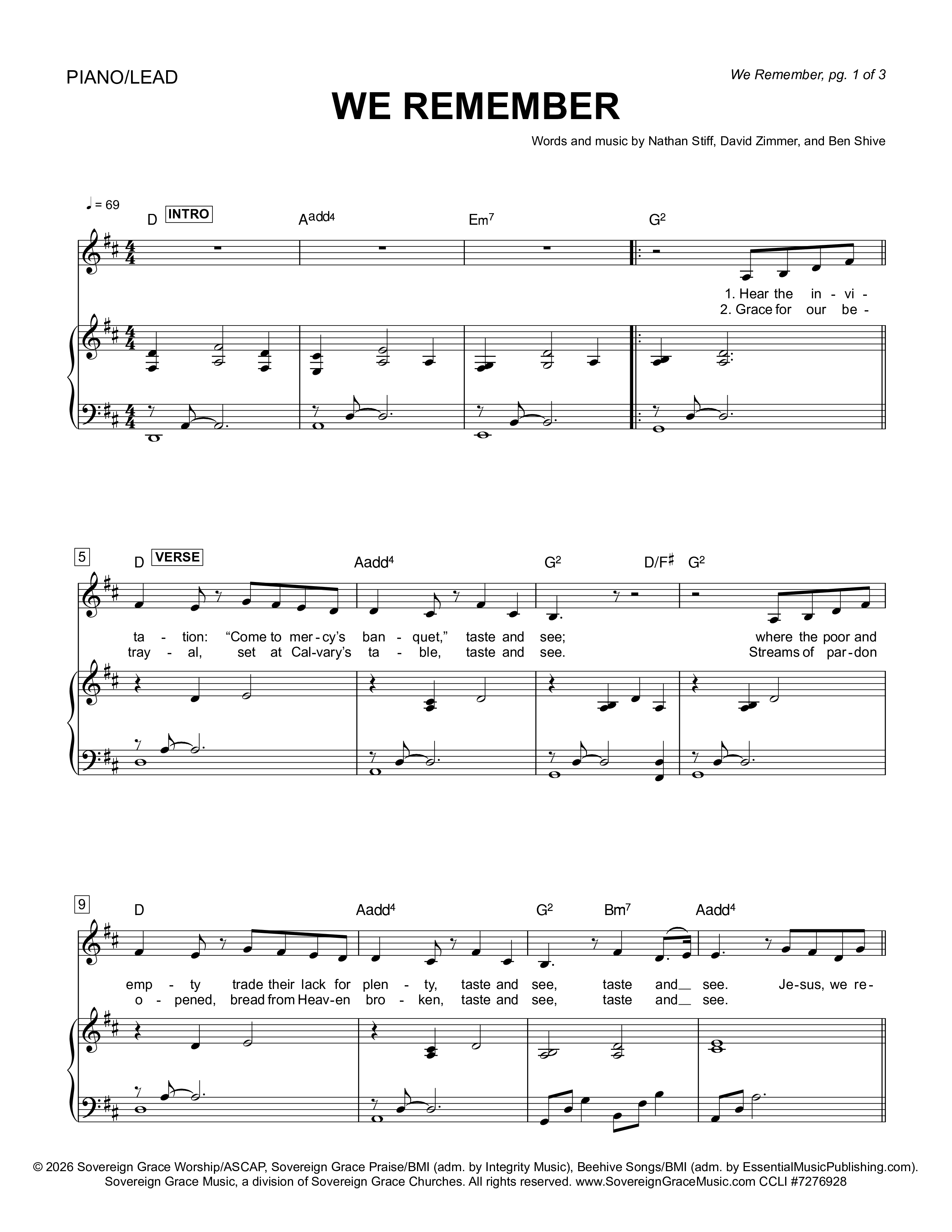 We Remember Lead Sheet Melody (Sovereign Grace)