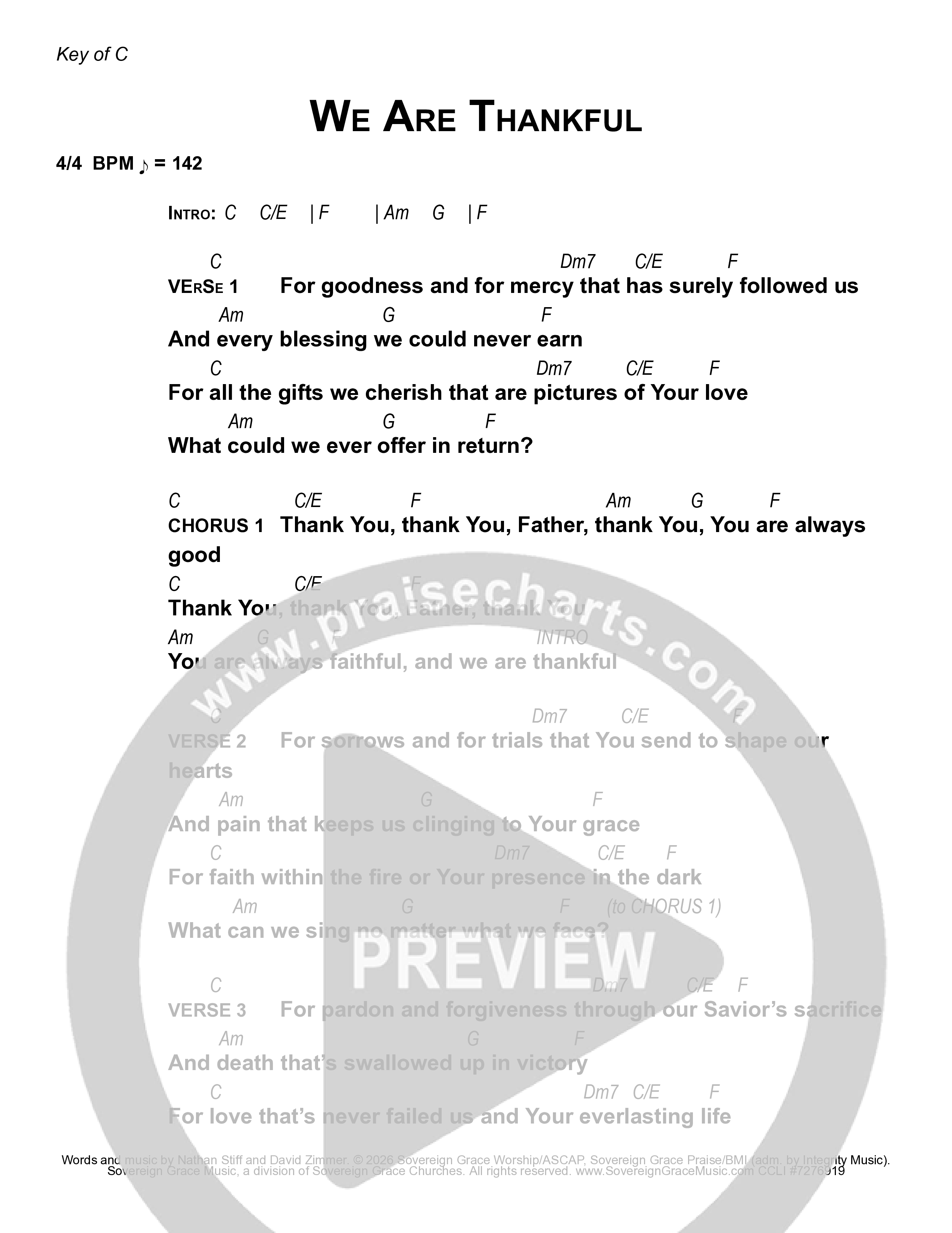 We Are Thankful Chord Chart (Sovereign Grace)