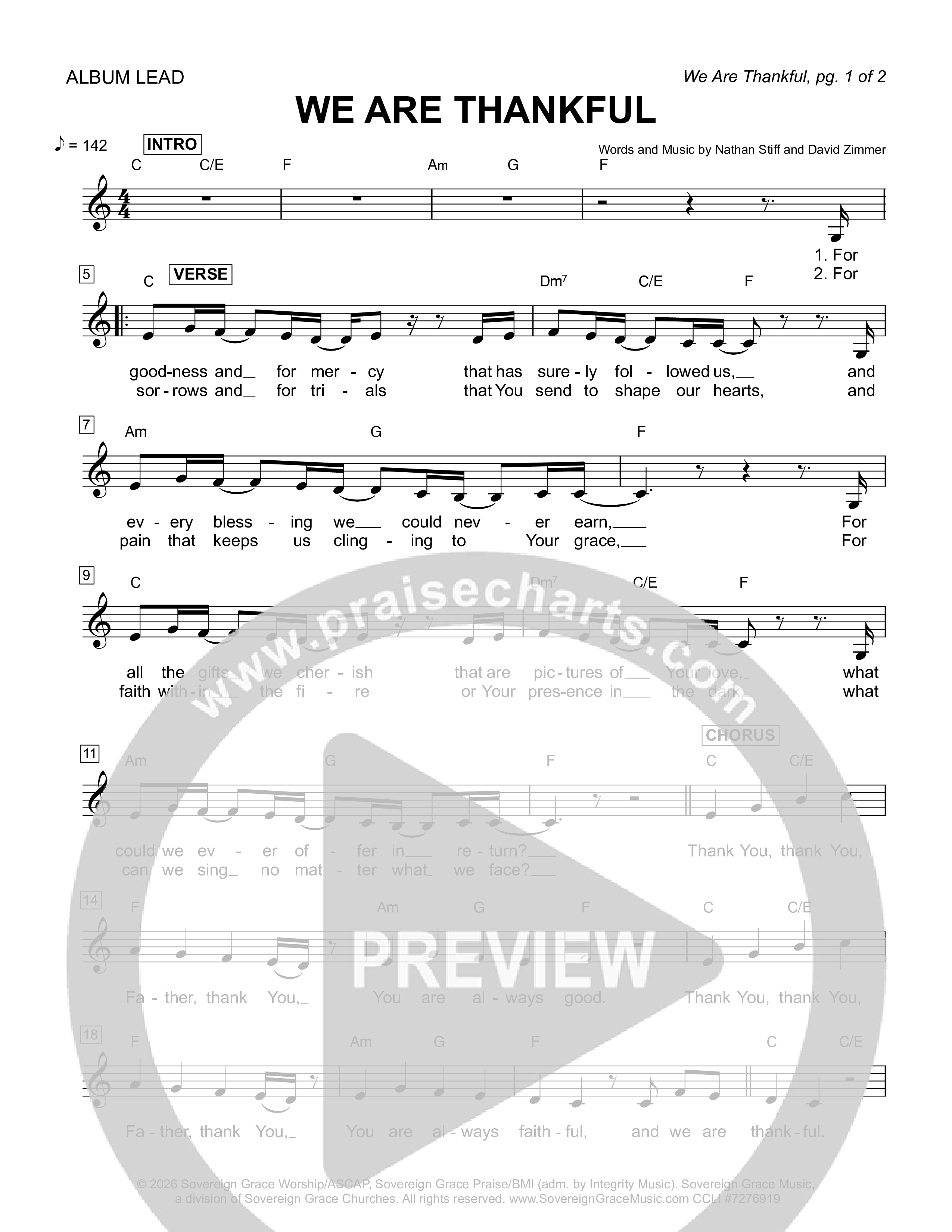 We Are Thankful Lead Sheet Melody (Sovereign Grace)