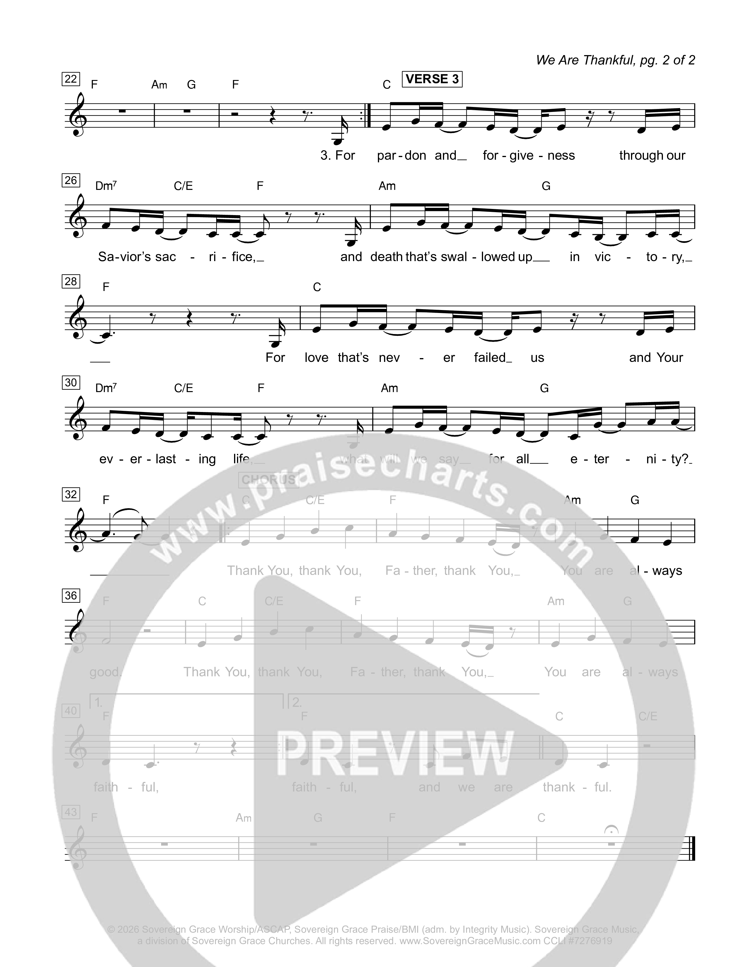 We Are Thankful Lead Sheet Melody (Sovereign Grace)