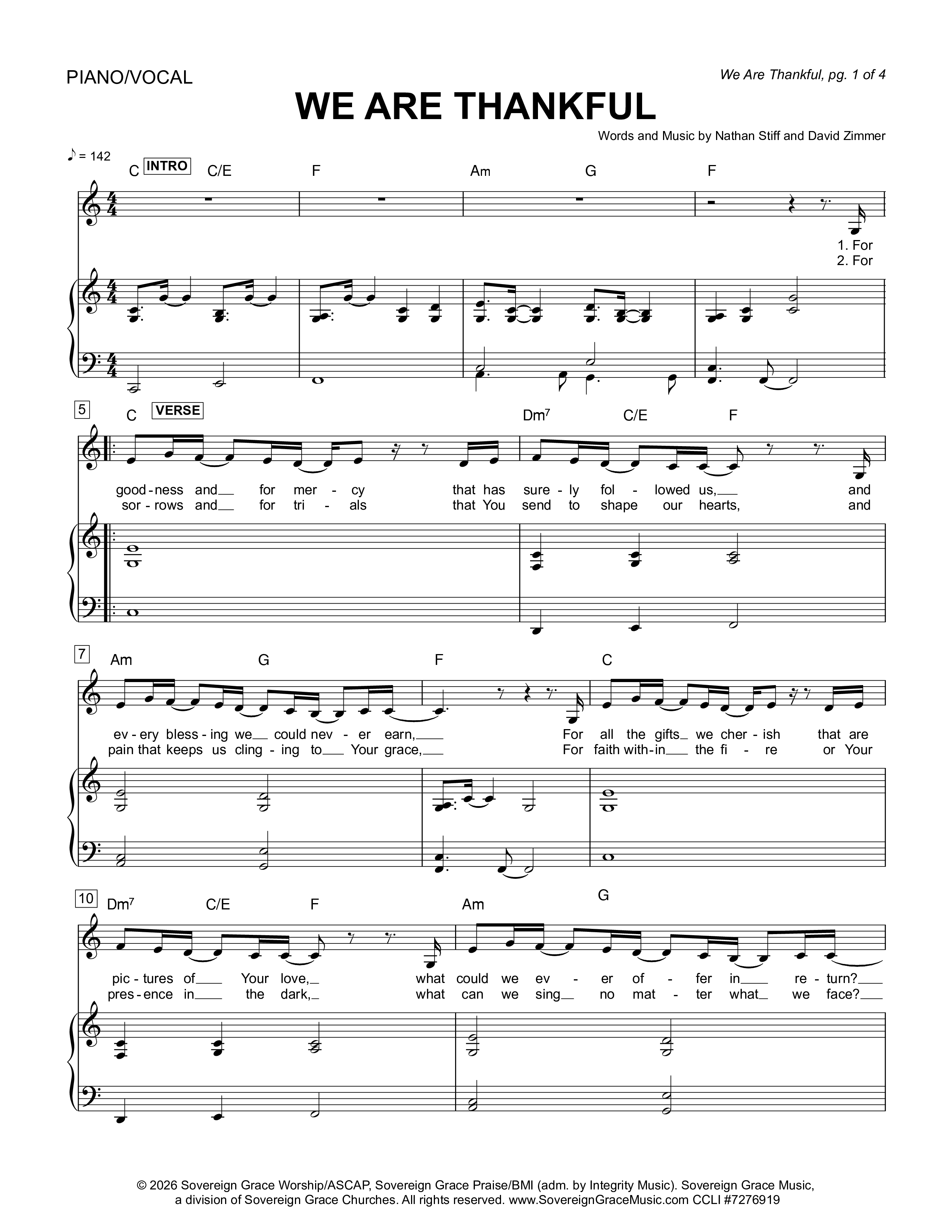 We Are Thankful Piano/Melody (Sovereign Grace)