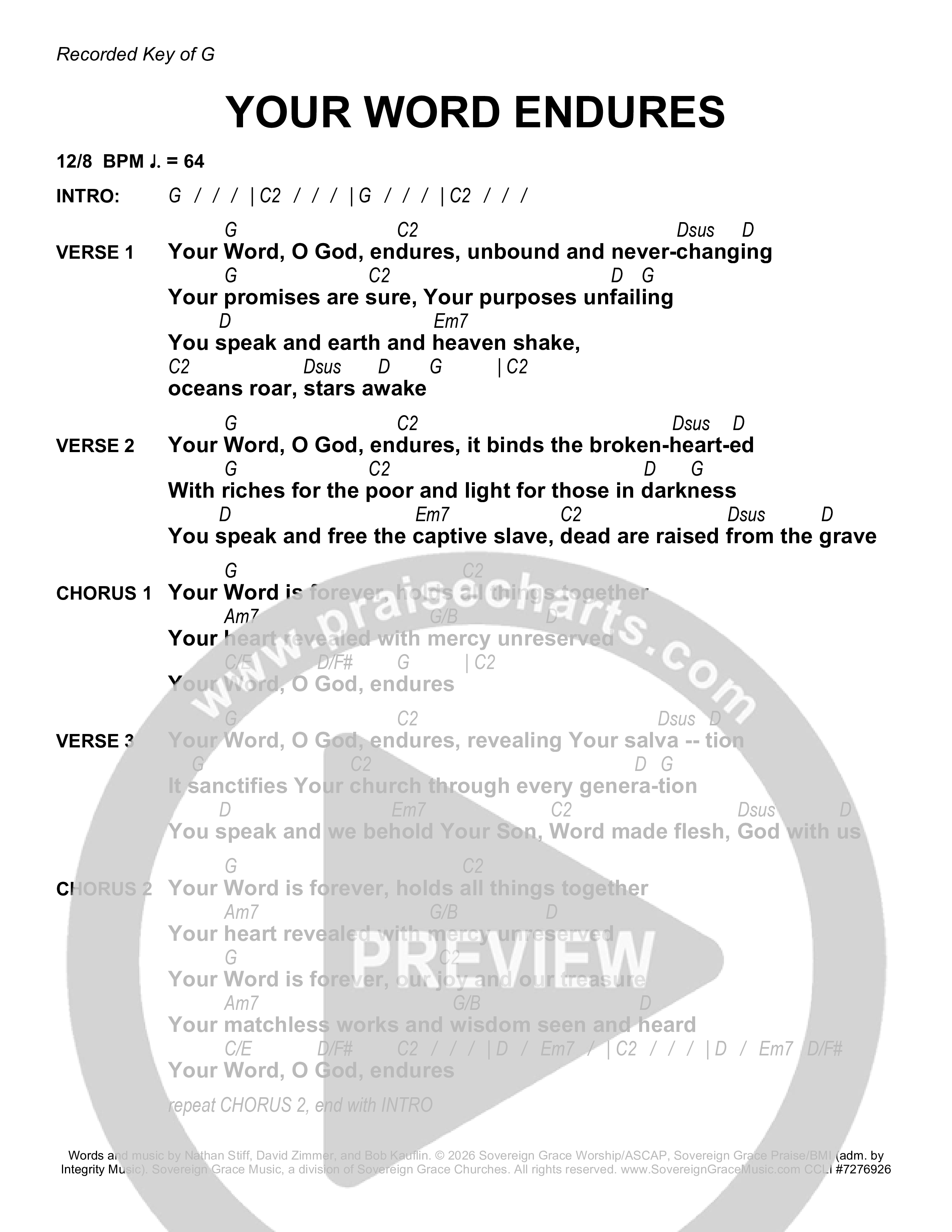 Your Word Endures Chord Chart (Sovereign Grace)