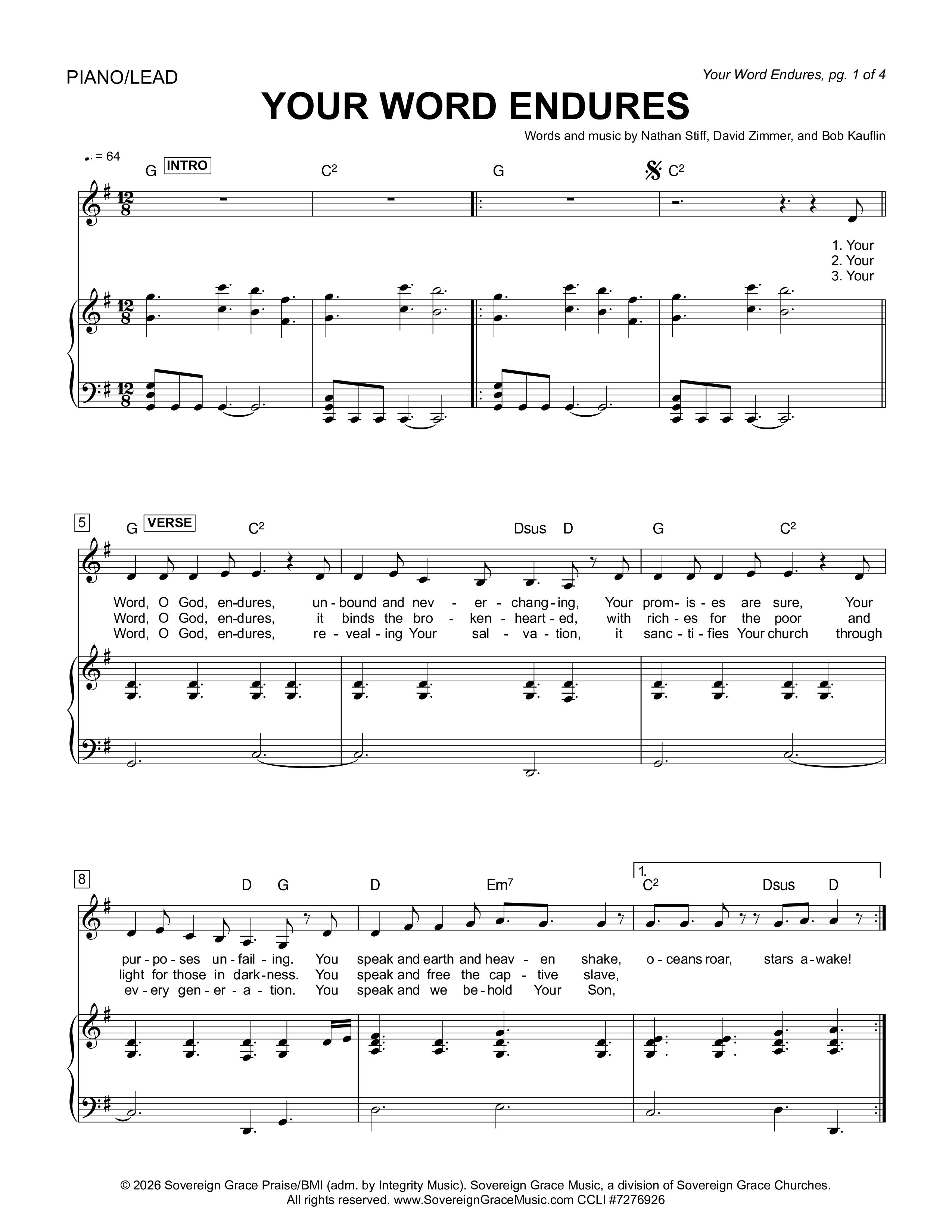 Your Word Endures Piano/Melody (Sovereign Grace)