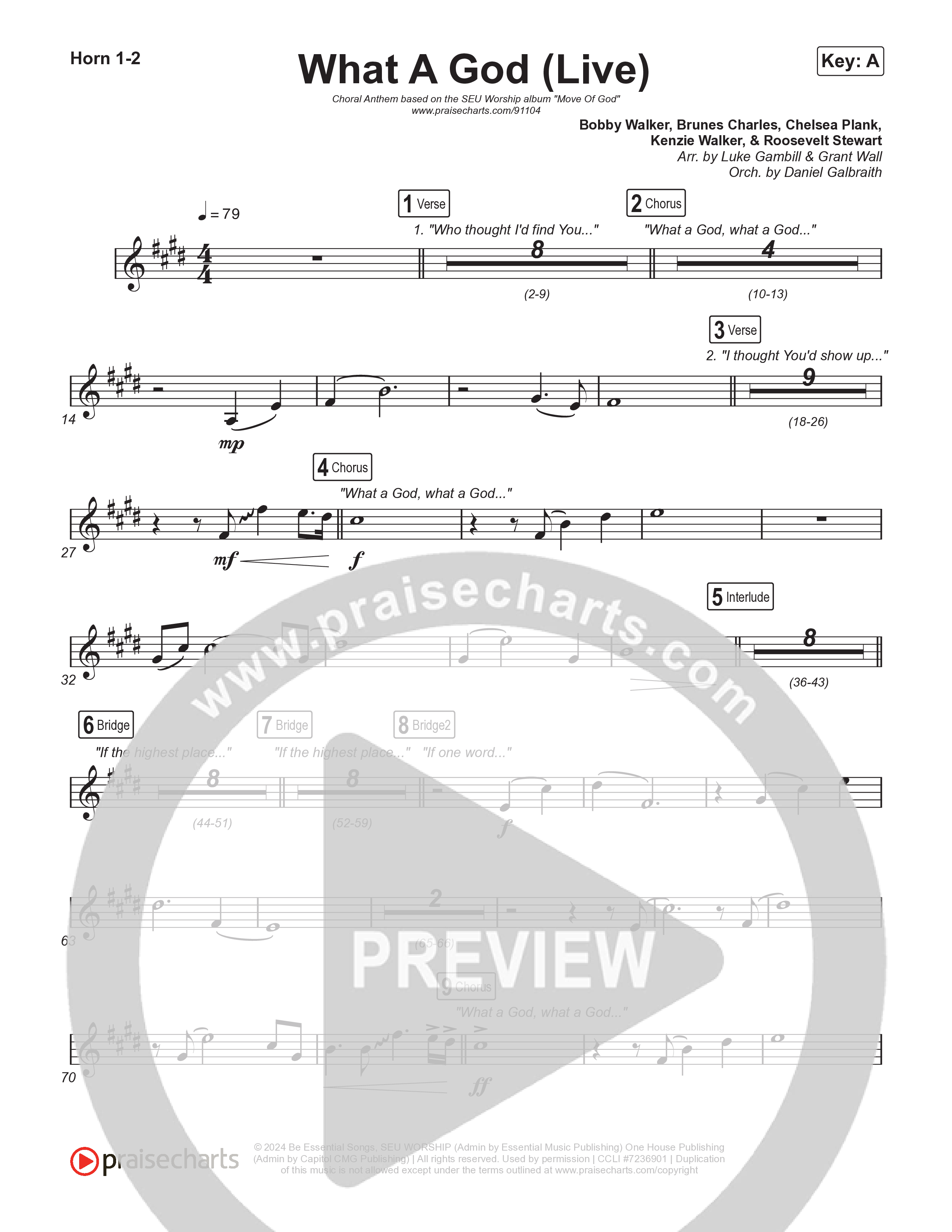 What A God (Choral Anthem SATB) French Horn 1,2 (SEU Worship / One House / Chelsea Plank / Kenzie Walker / Roosevelt Stewart / Arr. Luke Gambill)