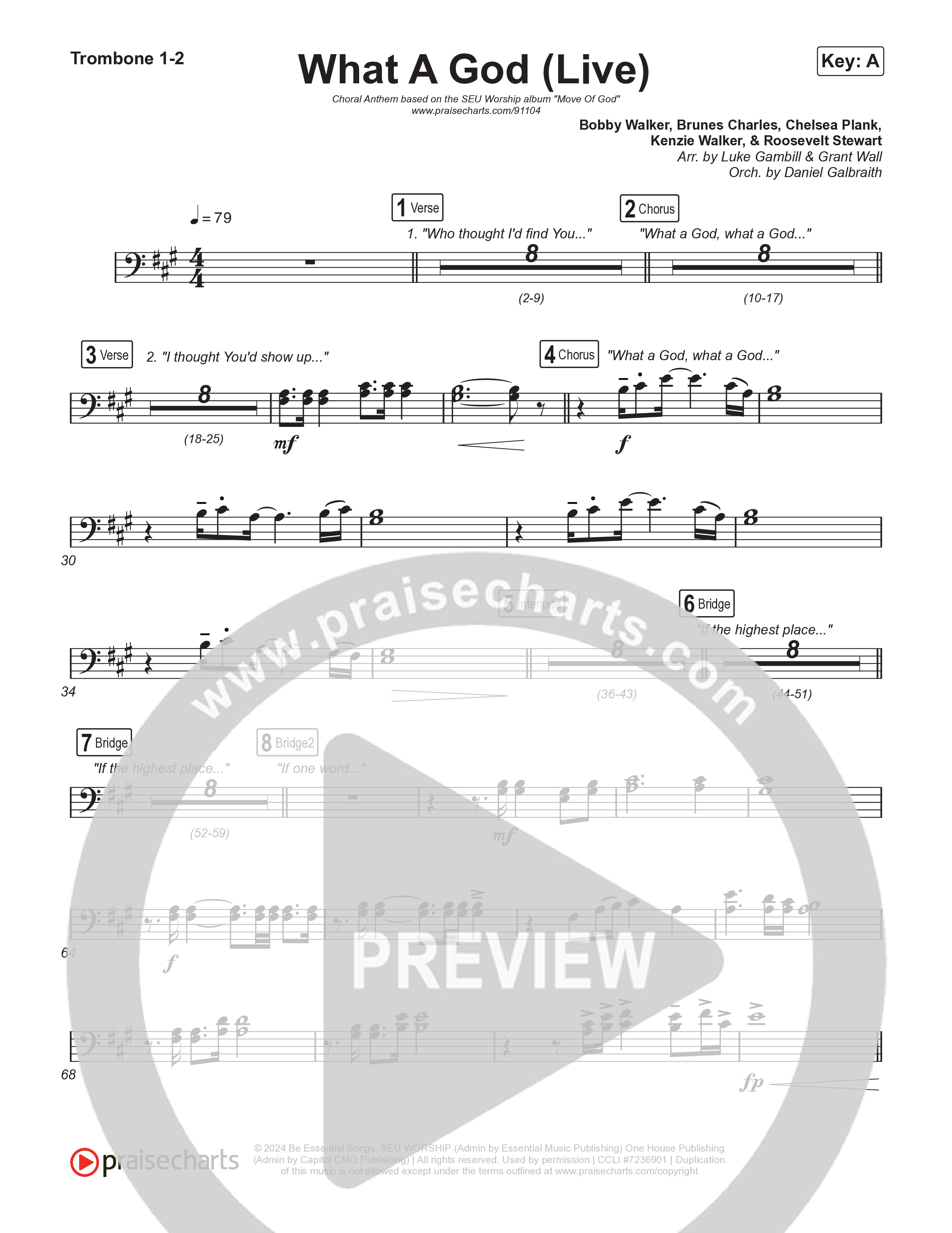 What A God (Choral Anthem SATB) Trombone 1,2 (SEU Worship / One House / Chelsea Plank / Kenzie Walker / Roosevelt Stewart / Arr. Luke Gambill)