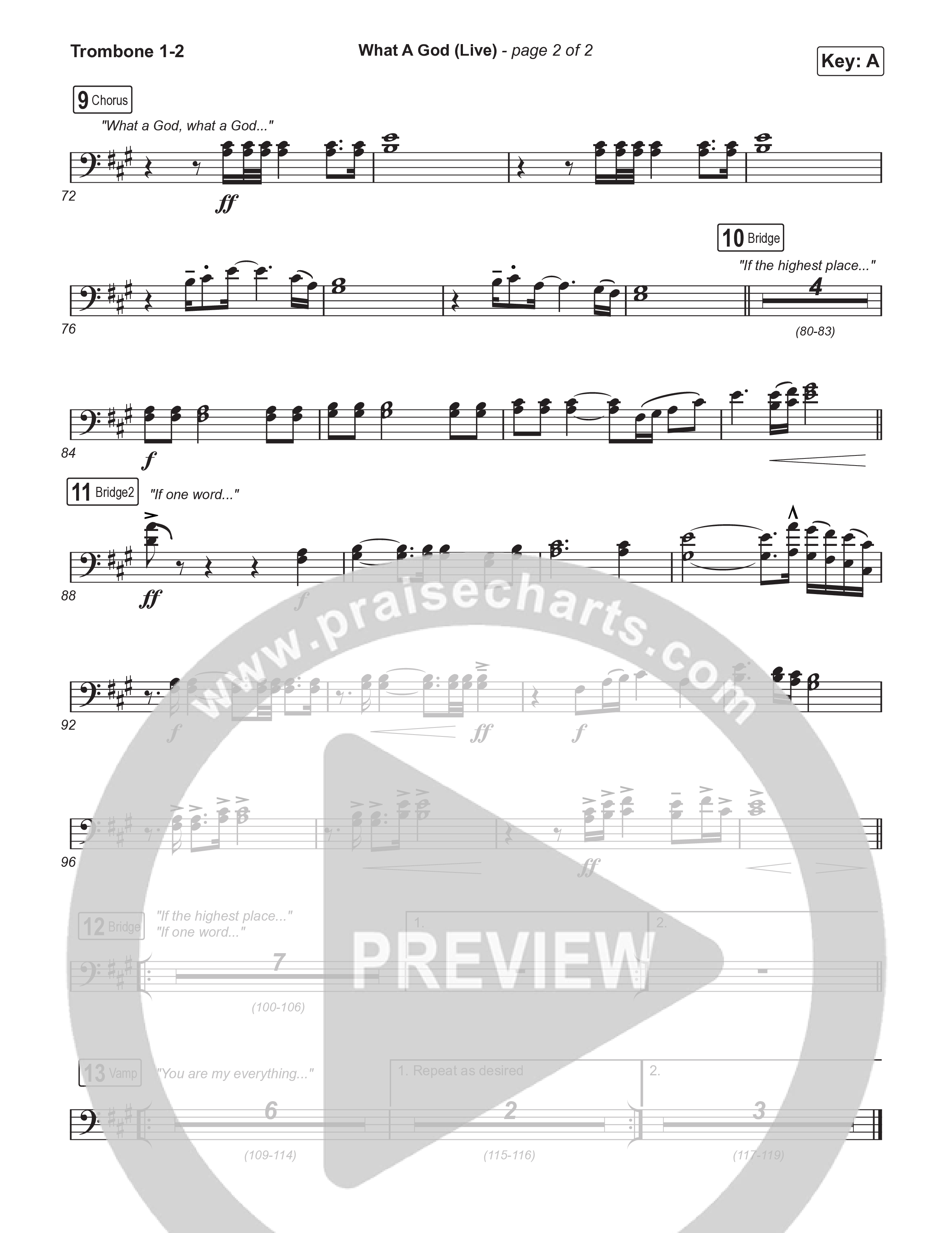 What A God (Choral Anthem SATB) Trombone 1,2 (SEU Worship / One House / Chelsea Plank / Kenzie Walker / Roosevelt Stewart / Arr. Luke Gambill)
