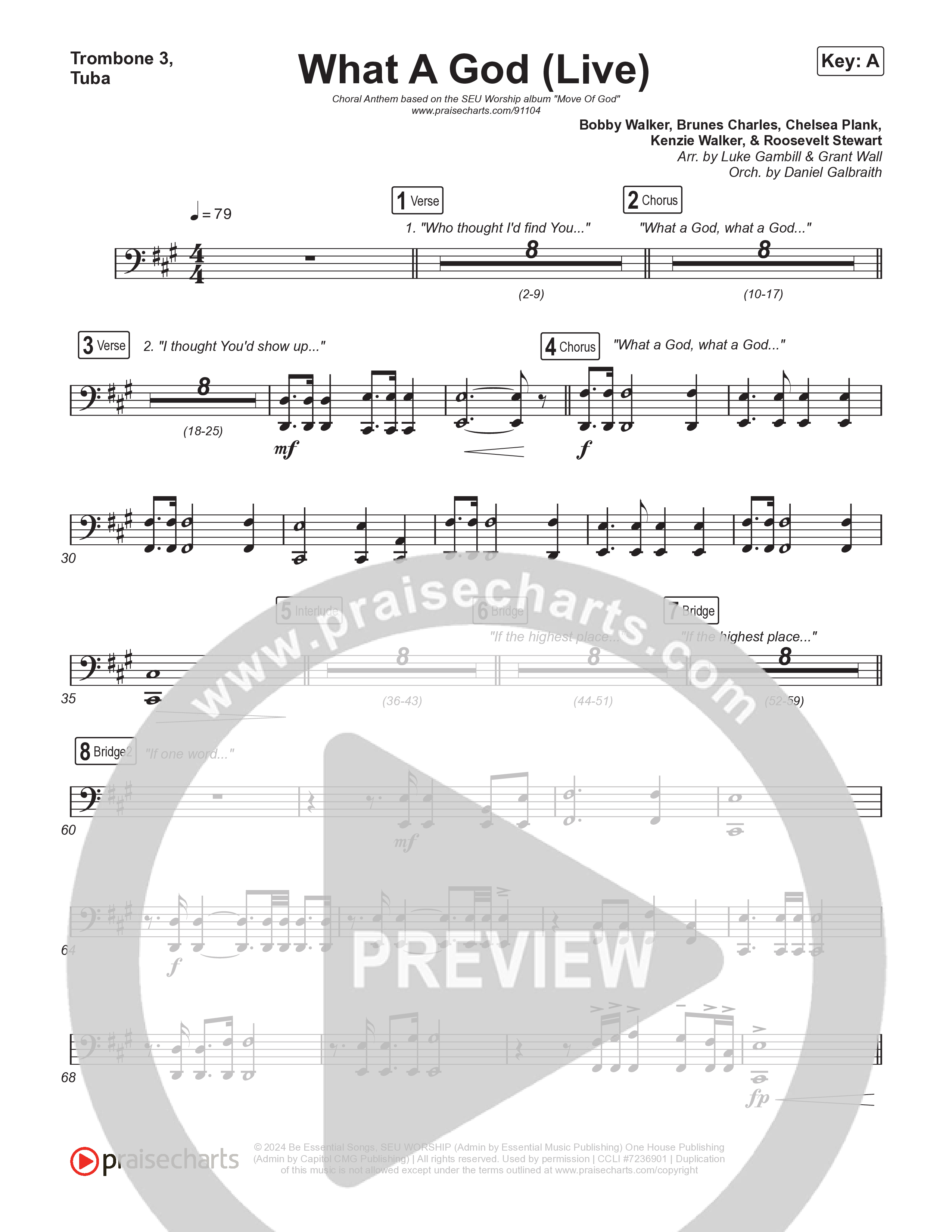 What A God (Choral Anthem SATB) Trombone 3/Tuba (SEU Worship / One House / Chelsea Plank / Kenzie Walker / Roosevelt Stewart / Arr. Luke Gambill)