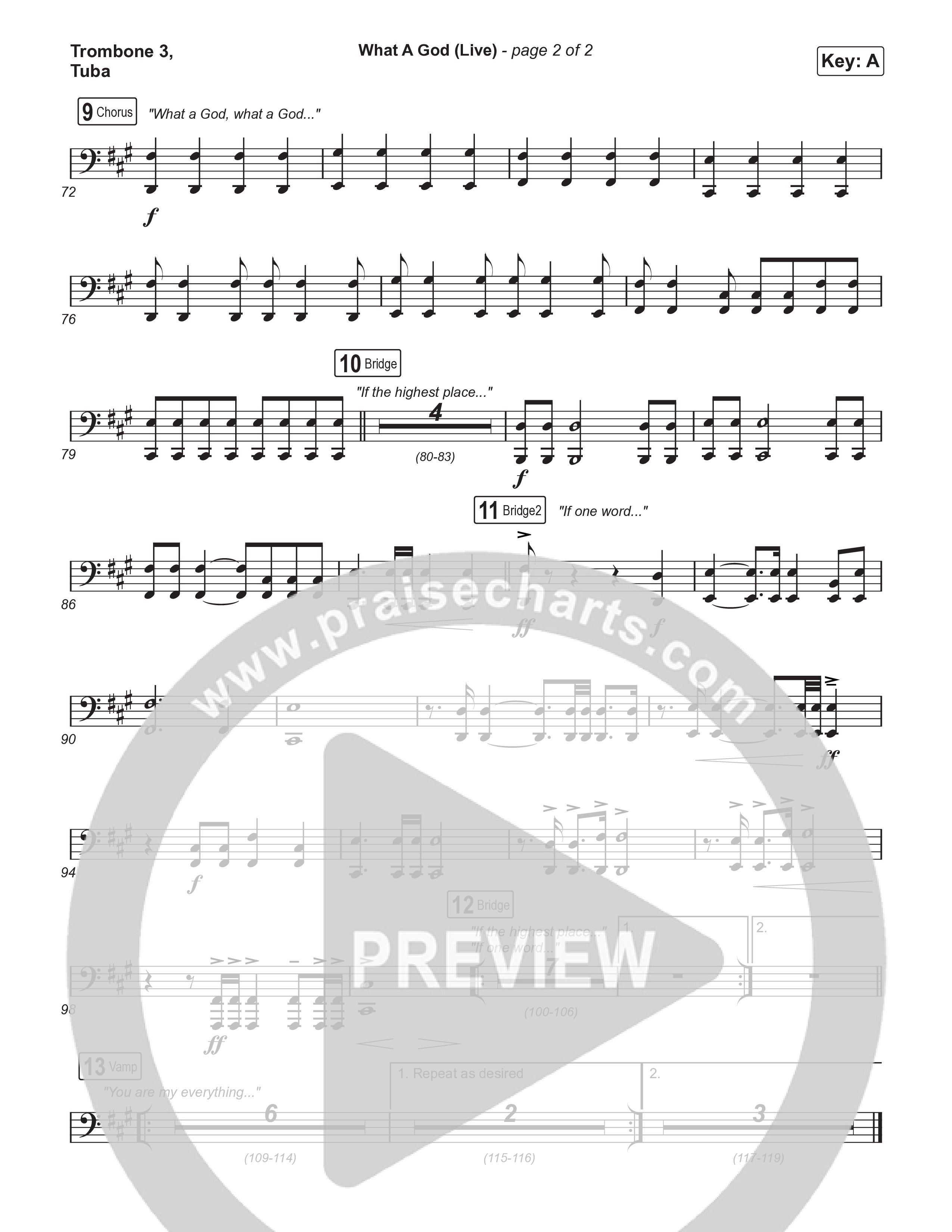 What A God (Choral Anthem SATB) Trombone 3/Tuba (SEU Worship / One House / Chelsea Plank / Kenzie Walker / Roosevelt Stewart / Arr. Luke Gambill)