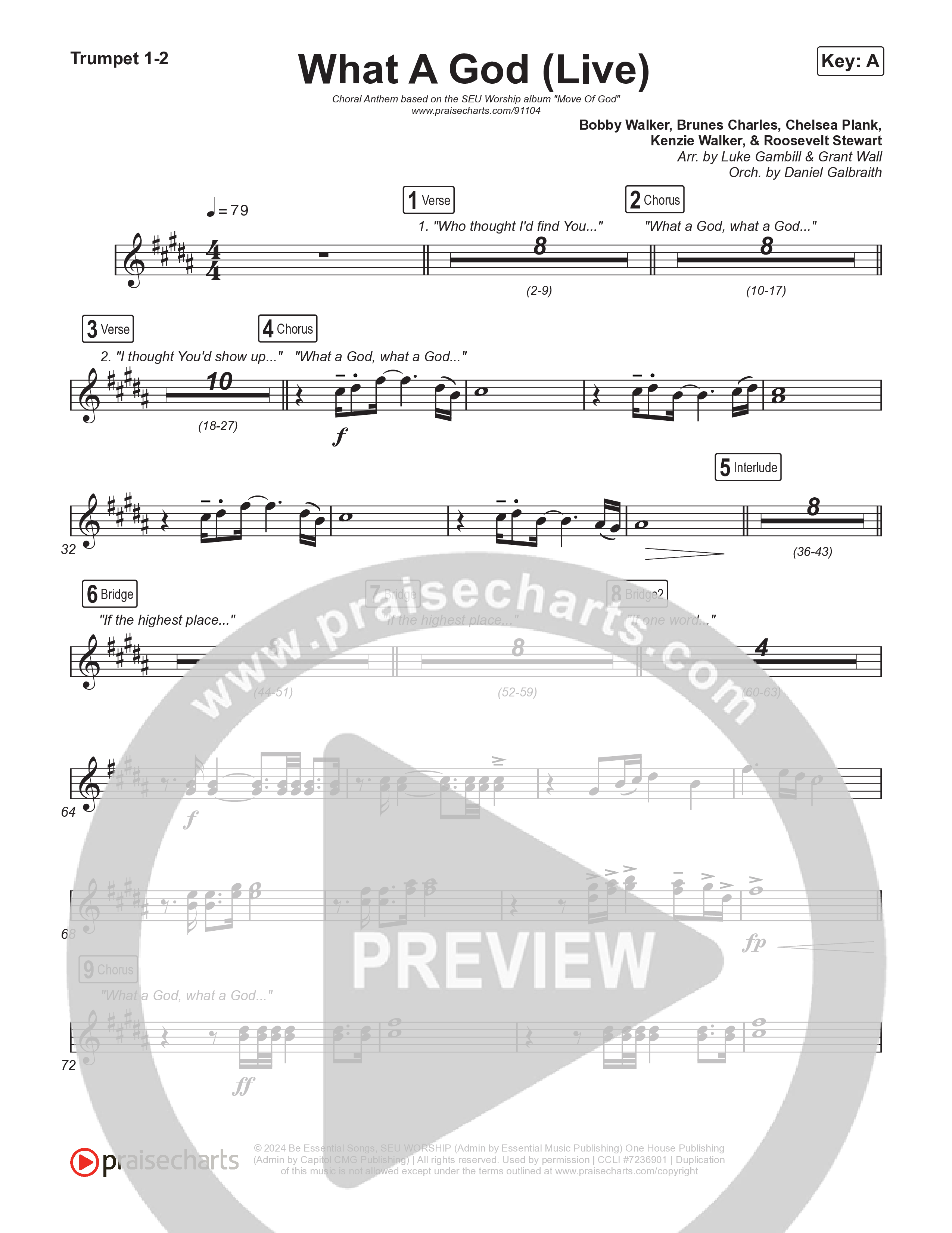 What A God (Choral Anthem SATB) Trumpet 1,2 (SEU Worship / One House / Chelsea Plank / Kenzie Walker / Roosevelt Stewart / Arr. Luke Gambill)