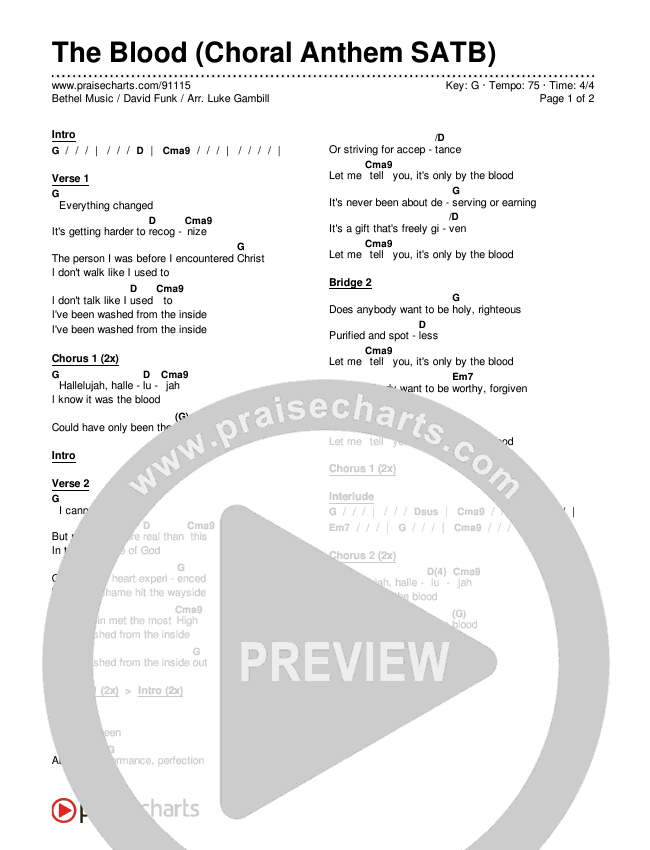 The Blood (Choral Anthem SATB) Chords & Lyrics (Bethel Music / David Funk / Arr. Luke Gambill)
