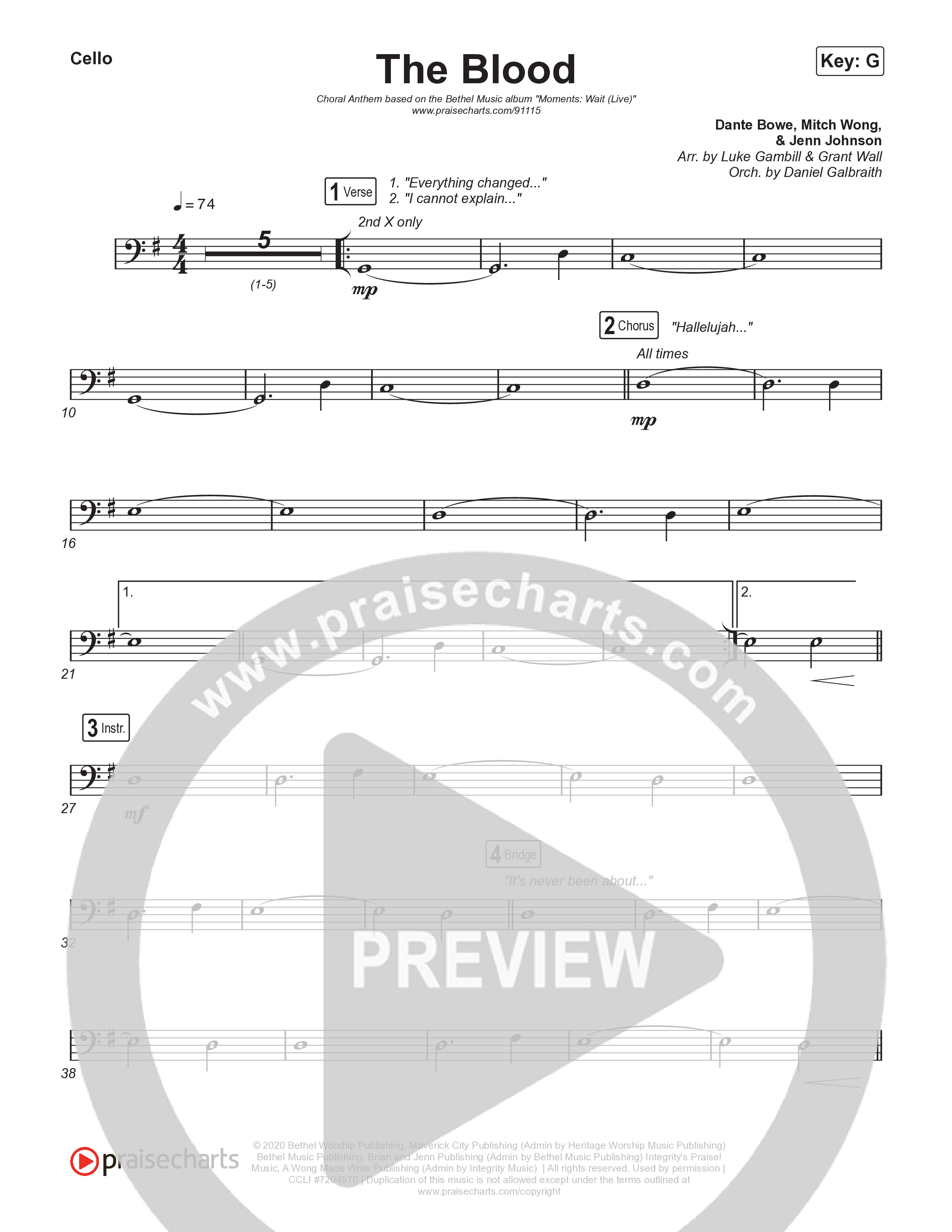 The Blood (Choral Anthem SATB) Cello (Bethel Music / David Funk / Arr. Luke Gambill)