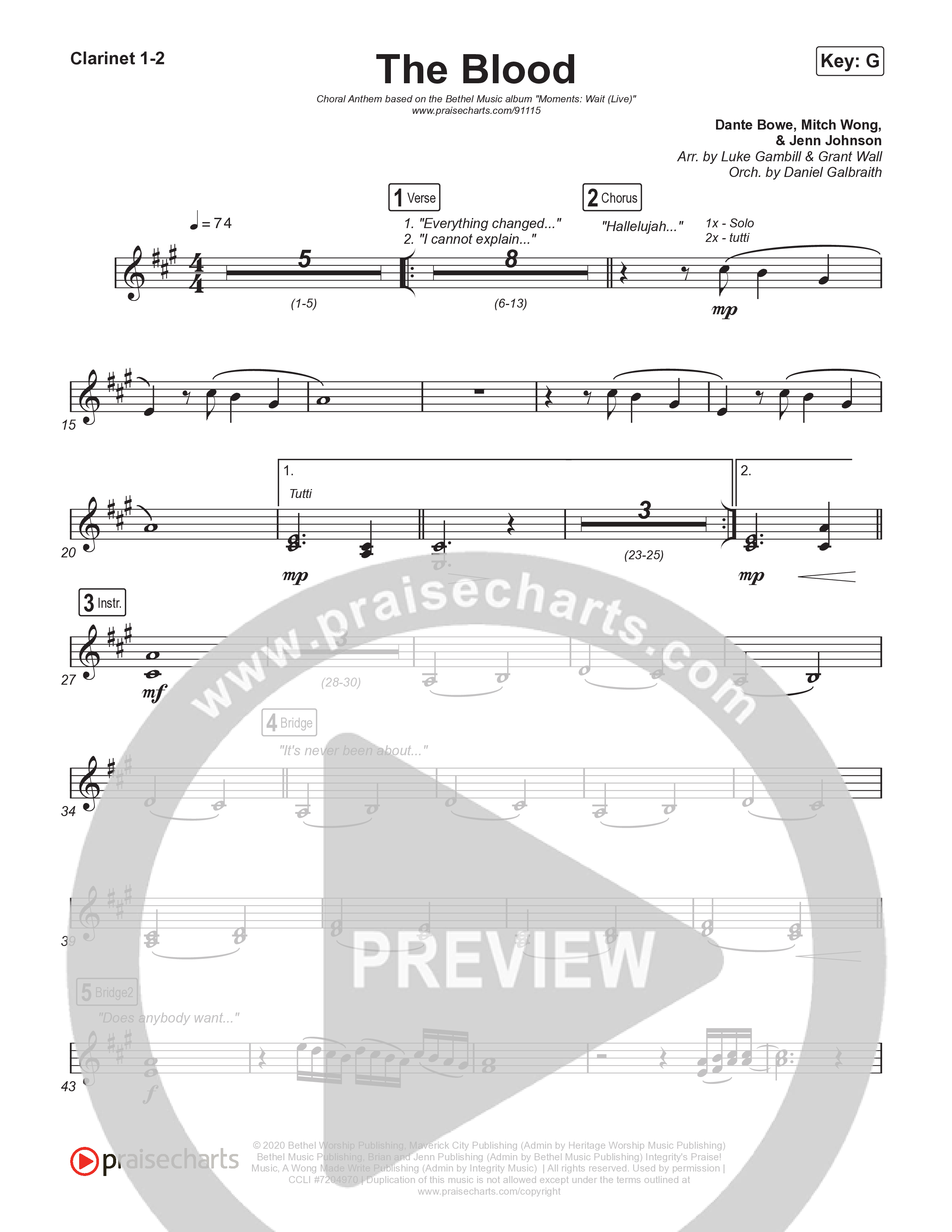 The Blood (Choral Anthem SATB) Clarinet 1,2 (Bethel Music / David Funk / Arr. Luke Gambill)