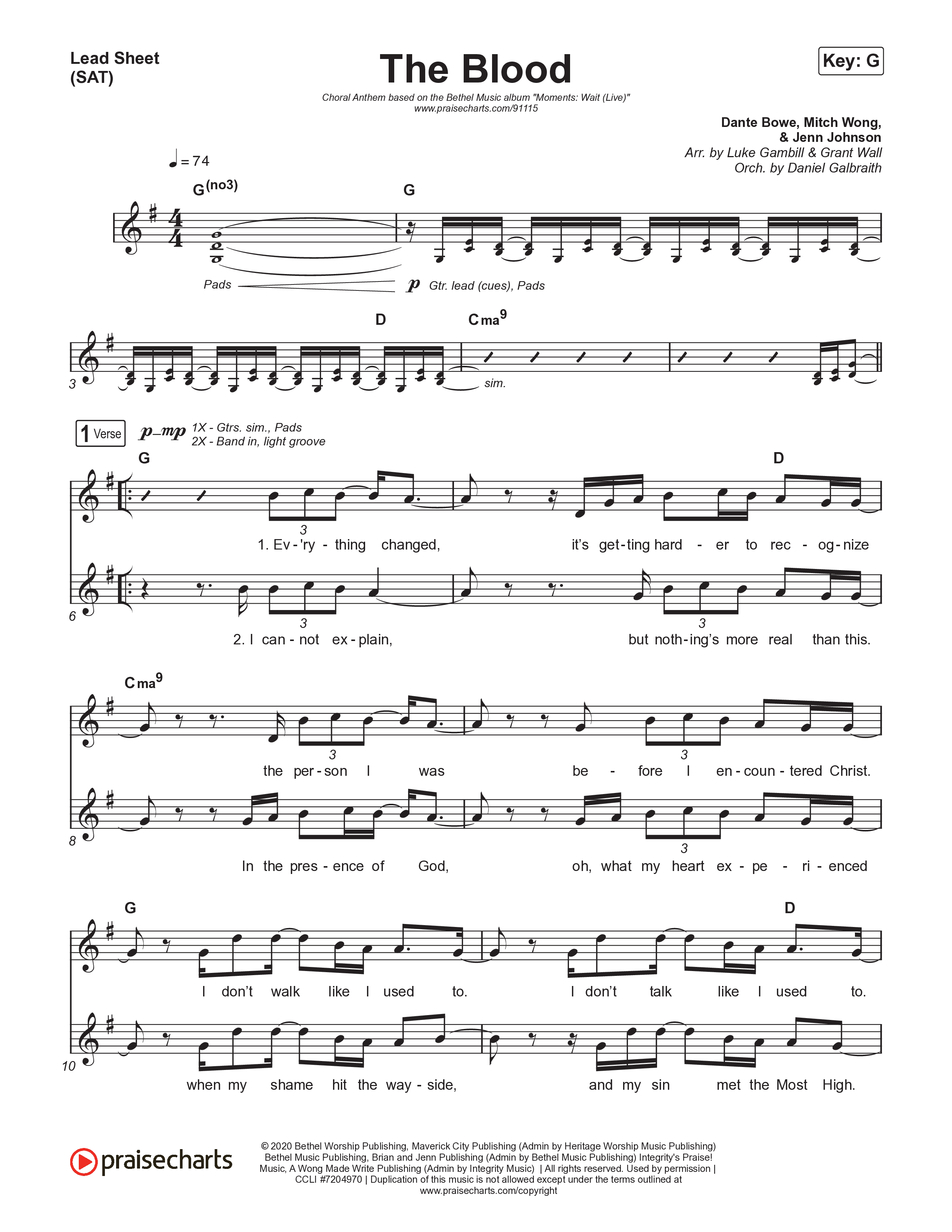 The Blood (Choral Anthem SATB) Lead Sheet (SAT) (Bethel Music / David Funk / Arr. Luke Gambill)