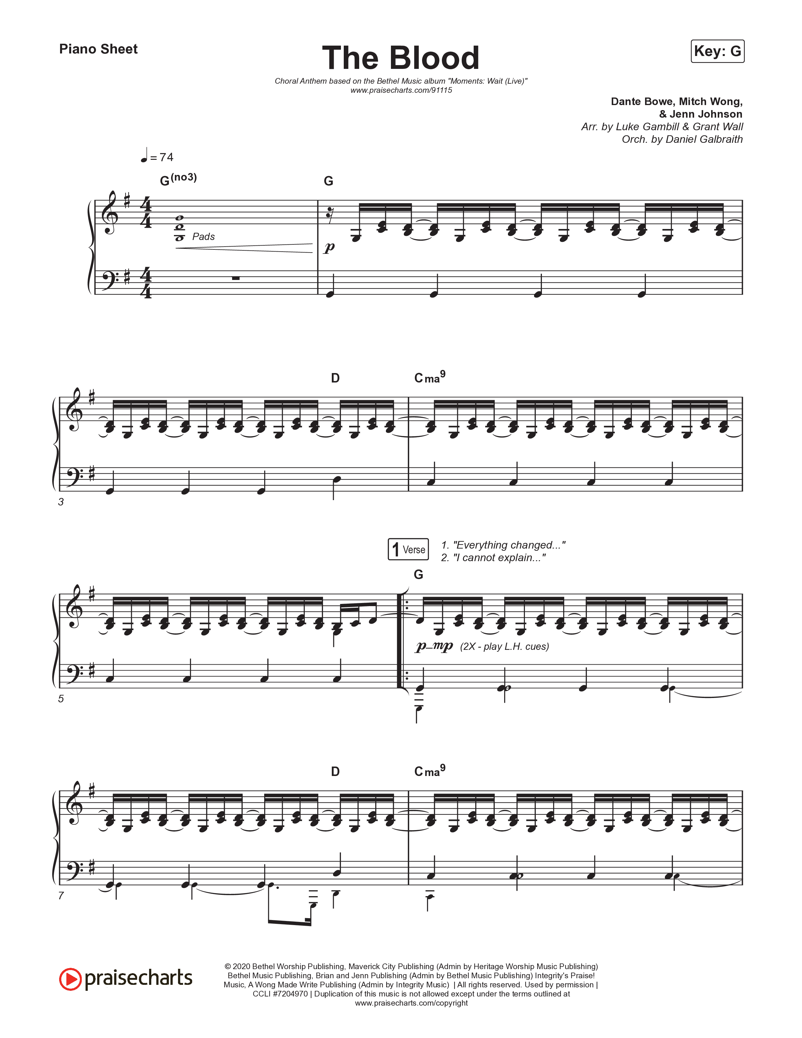 The Blood (Choral Anthem SATB) Piano Sheet (Bethel Music / David Funk / Arr. Luke Gambill)