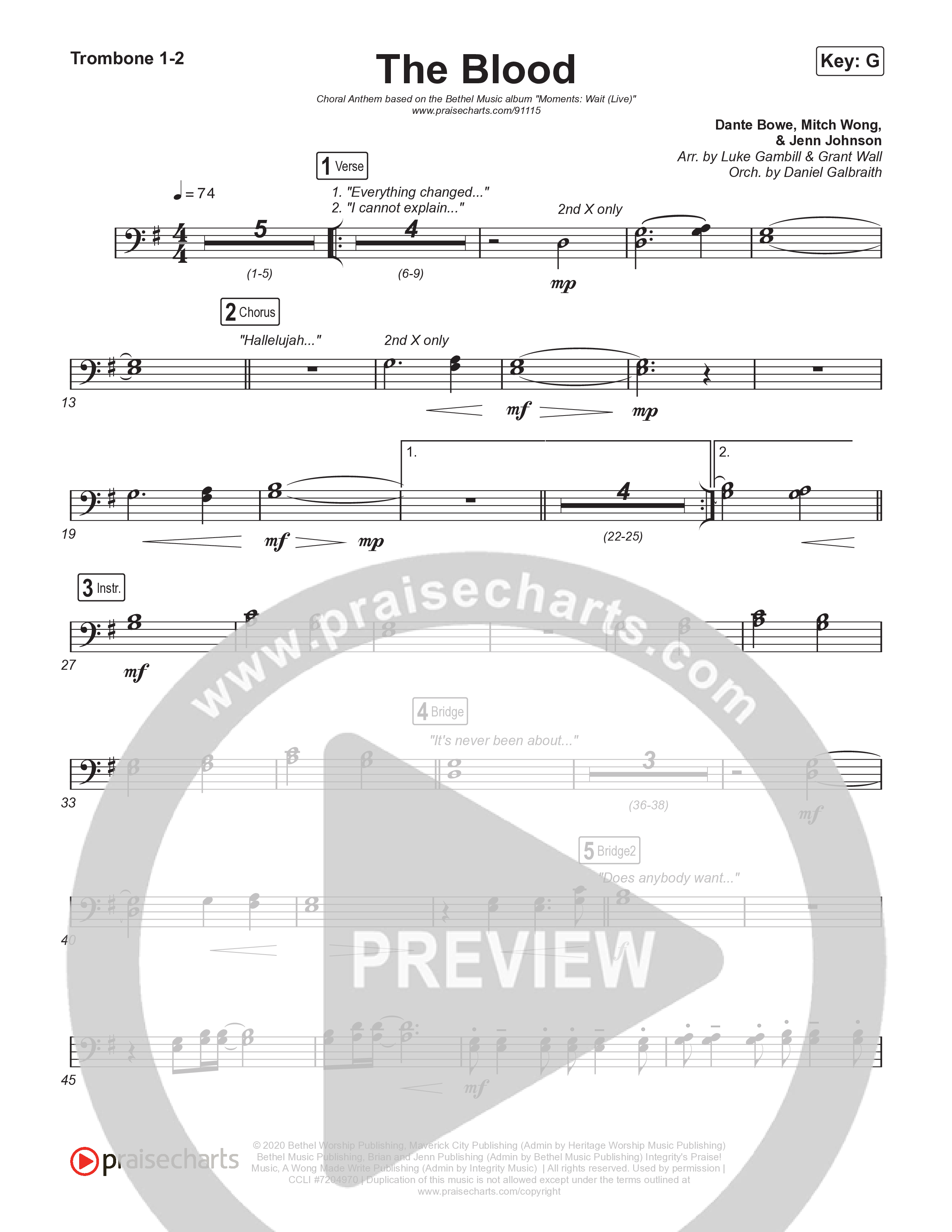 The Blood (Choral Anthem SATB) Trombone 1,2 (Bethel Music / David Funk / Arr. Luke Gambill)