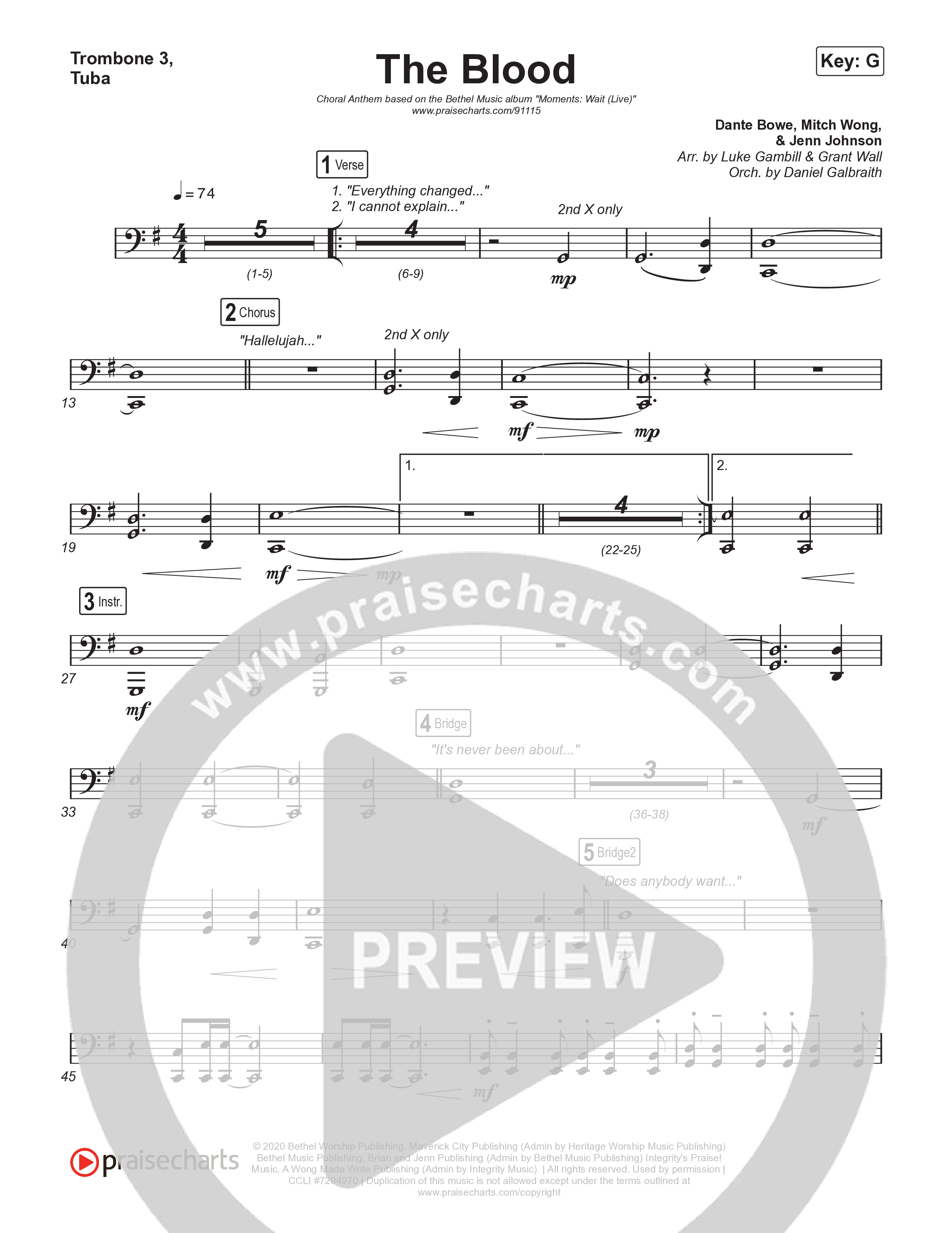 The Blood (Choral Anthem SATB) Trombone 1,2 (Bethel Music / David Funk / Arr. Luke Gambill)