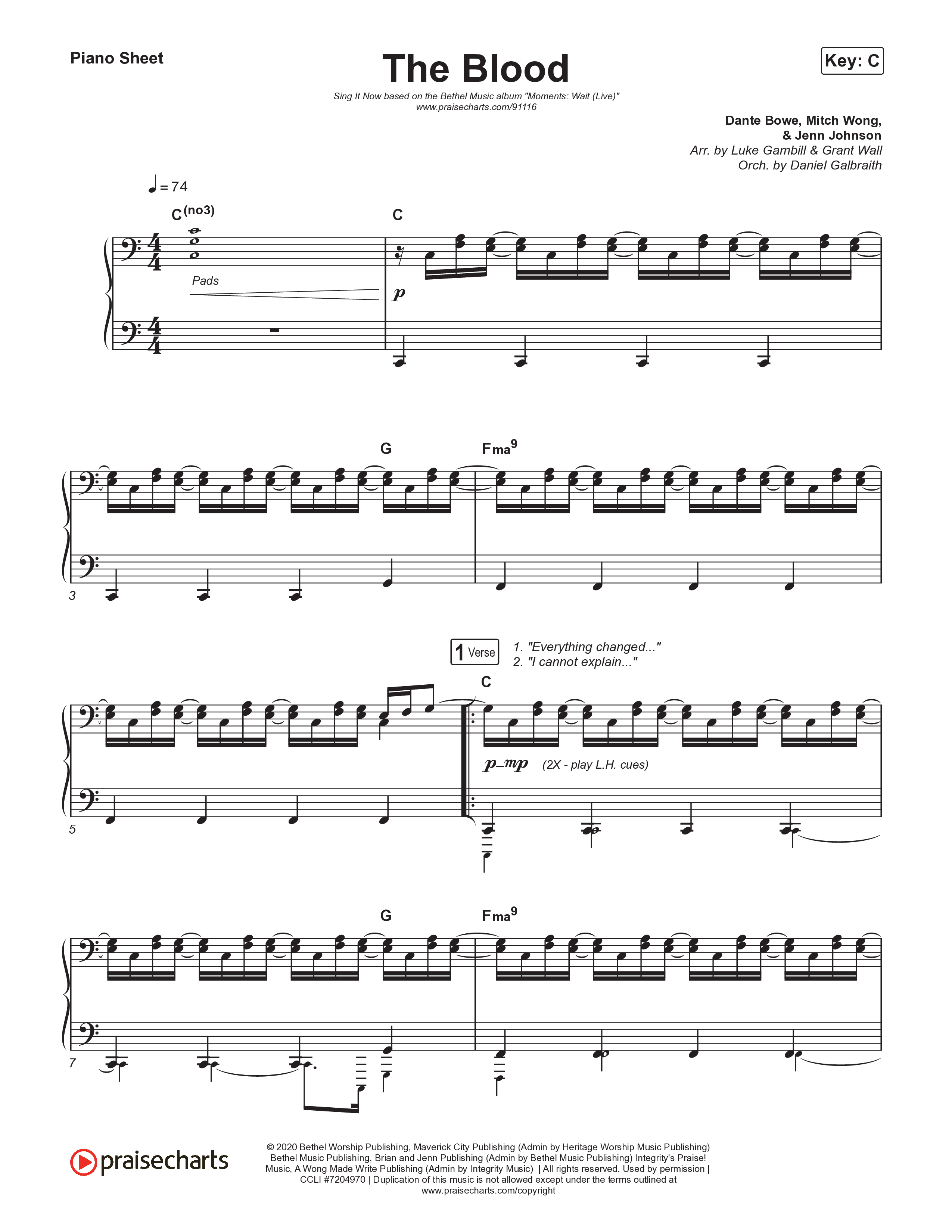 The Blood (Sing It Now) Piano Sheet (Bethel Music / David Funk / Arr. Luke Gambill)