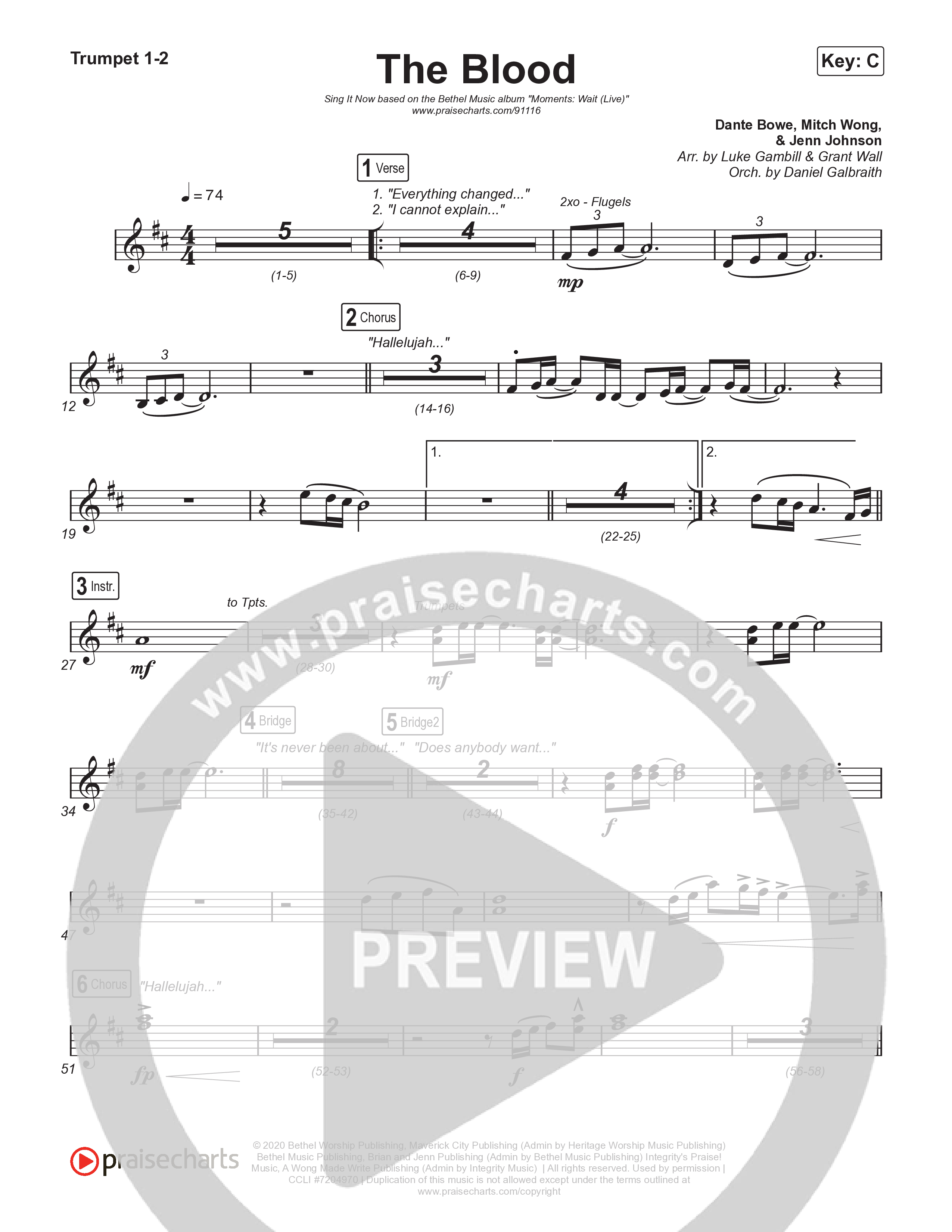 The Blood (Sing It Now) Trumpet 1,2 (Bethel Music / David Funk / Arr. Luke Gambill)