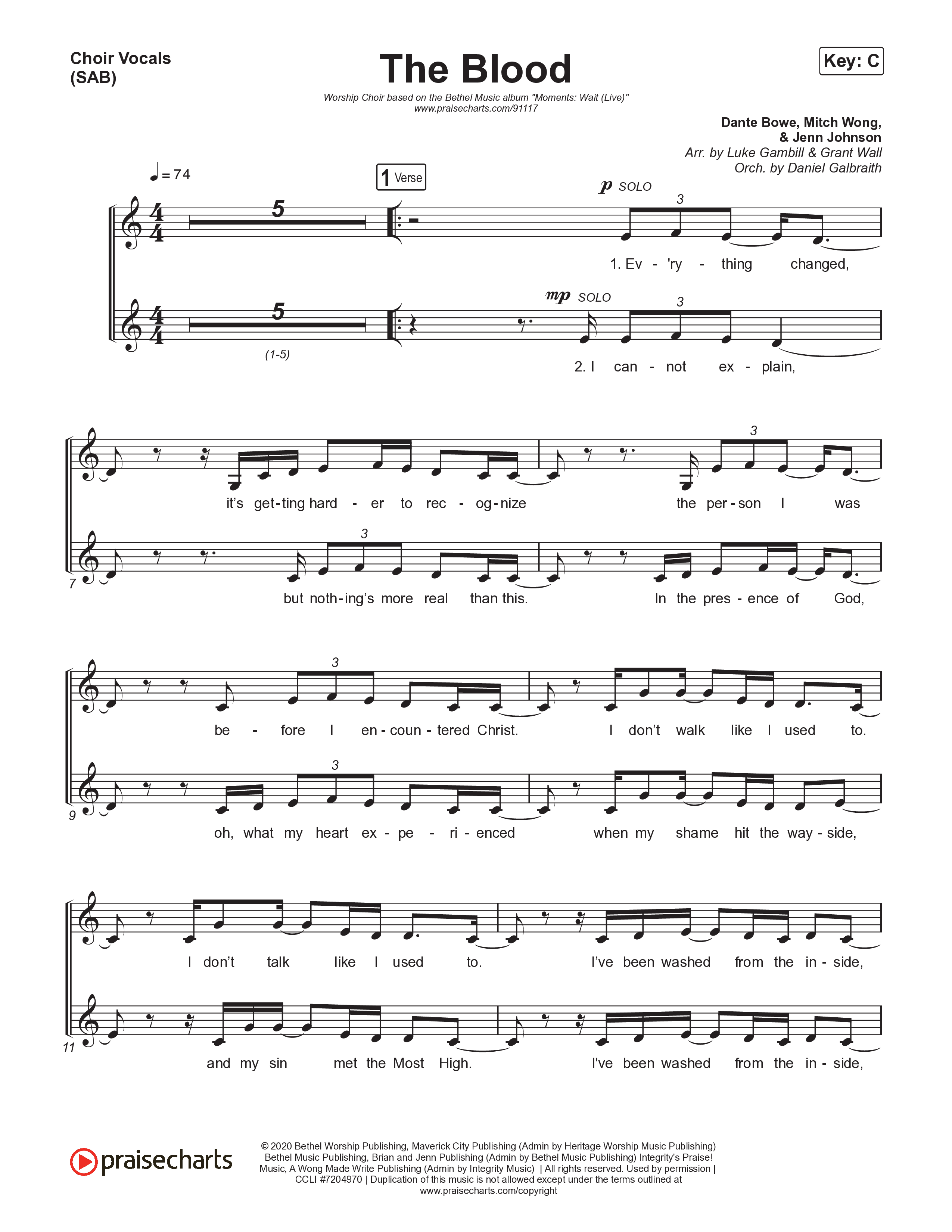The Blood (Worship Choir/SAB) Choir Sheet (SAB) (Bethel Music / David Funk / Arr. Luke Gambill)