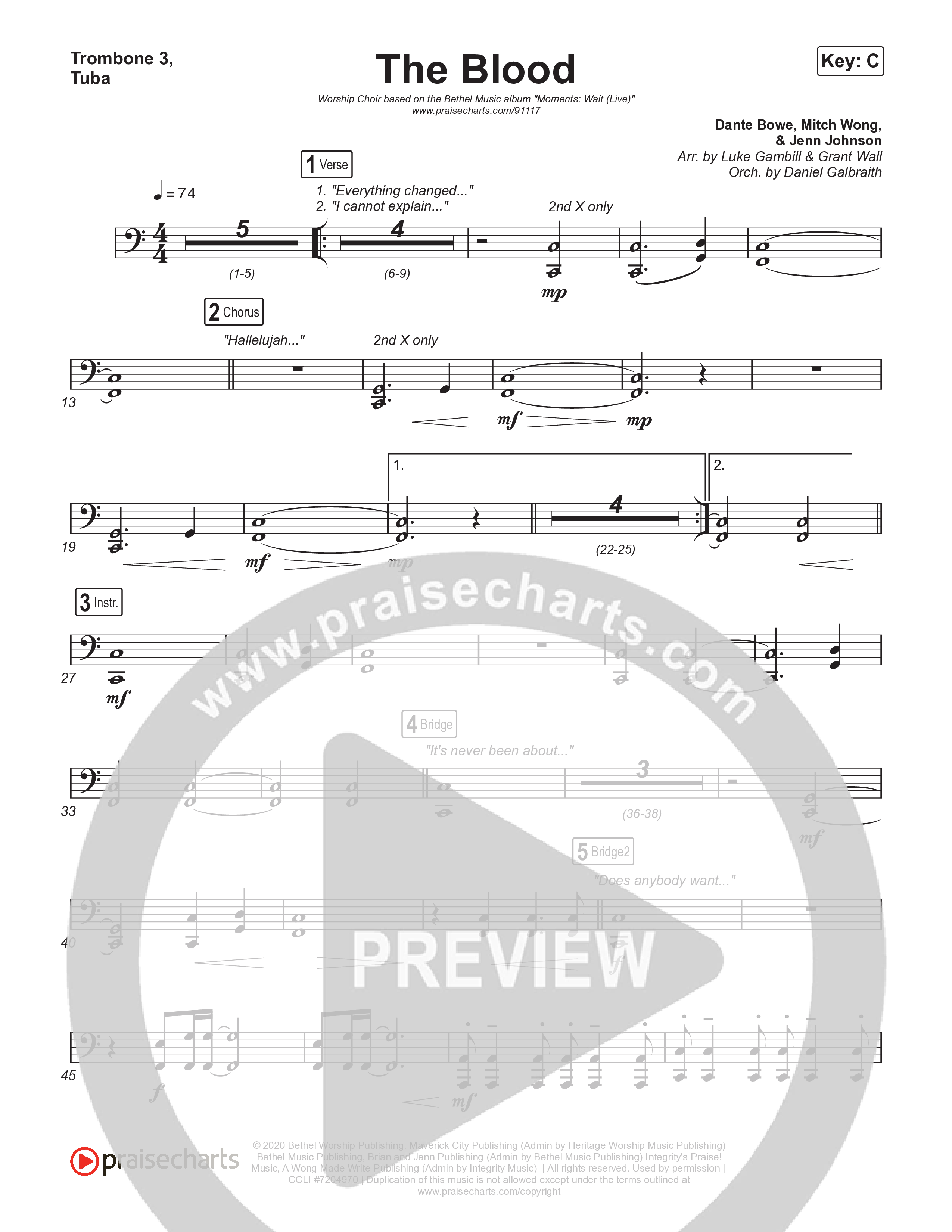 The Blood (Worship Choir/SAB) Trombone 3/Tuba (Bethel Music / David Funk / Arr. Luke Gambill)