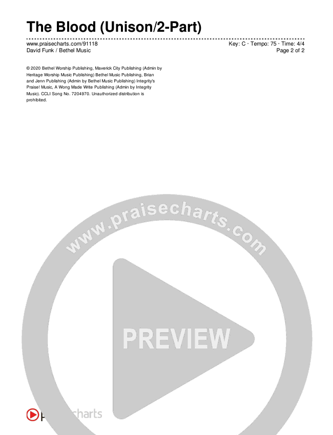 The Blood (Unison/2-Part) Chords & Lyrics (Bethel Music / David Funk / Arr. Luke Gambill)