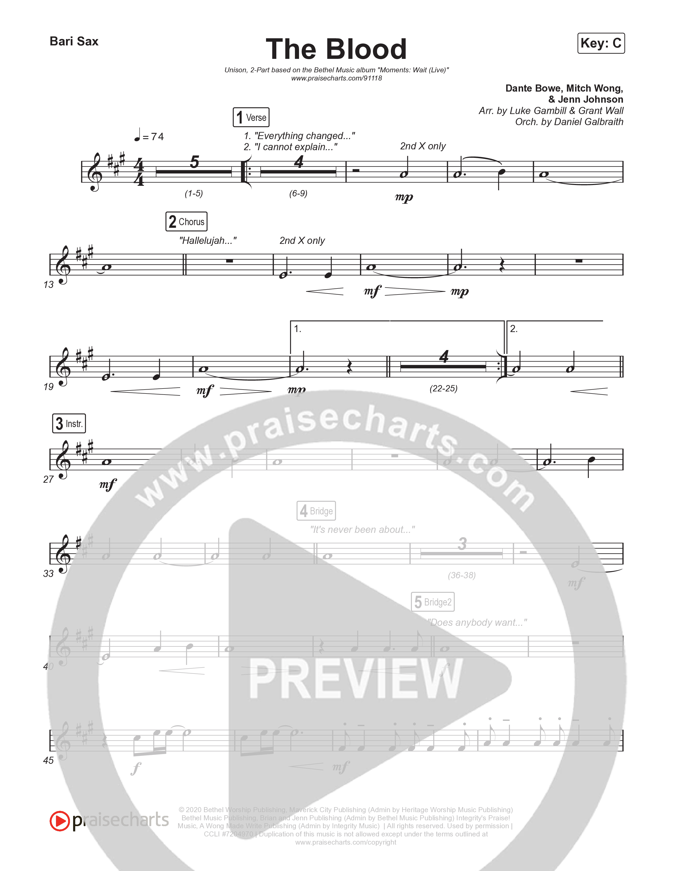 The Blood (Unison/2-Part) Bari Sax (Bethel Music / David Funk / Arr. Luke Gambill)