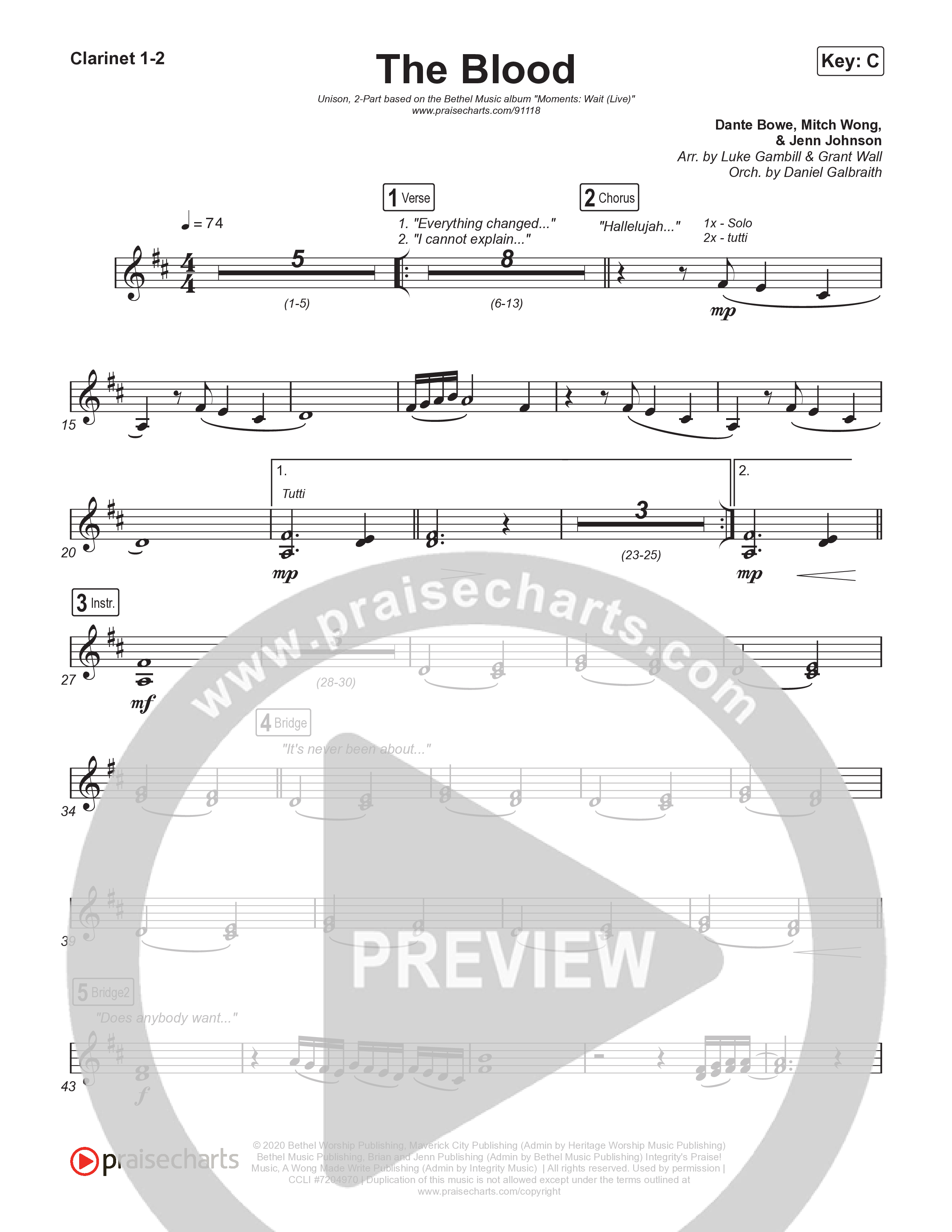 The Blood (Unison/2-Part) Clarinet 1/2 (Bethel Music / David Funk / Arr. Luke Gambill)