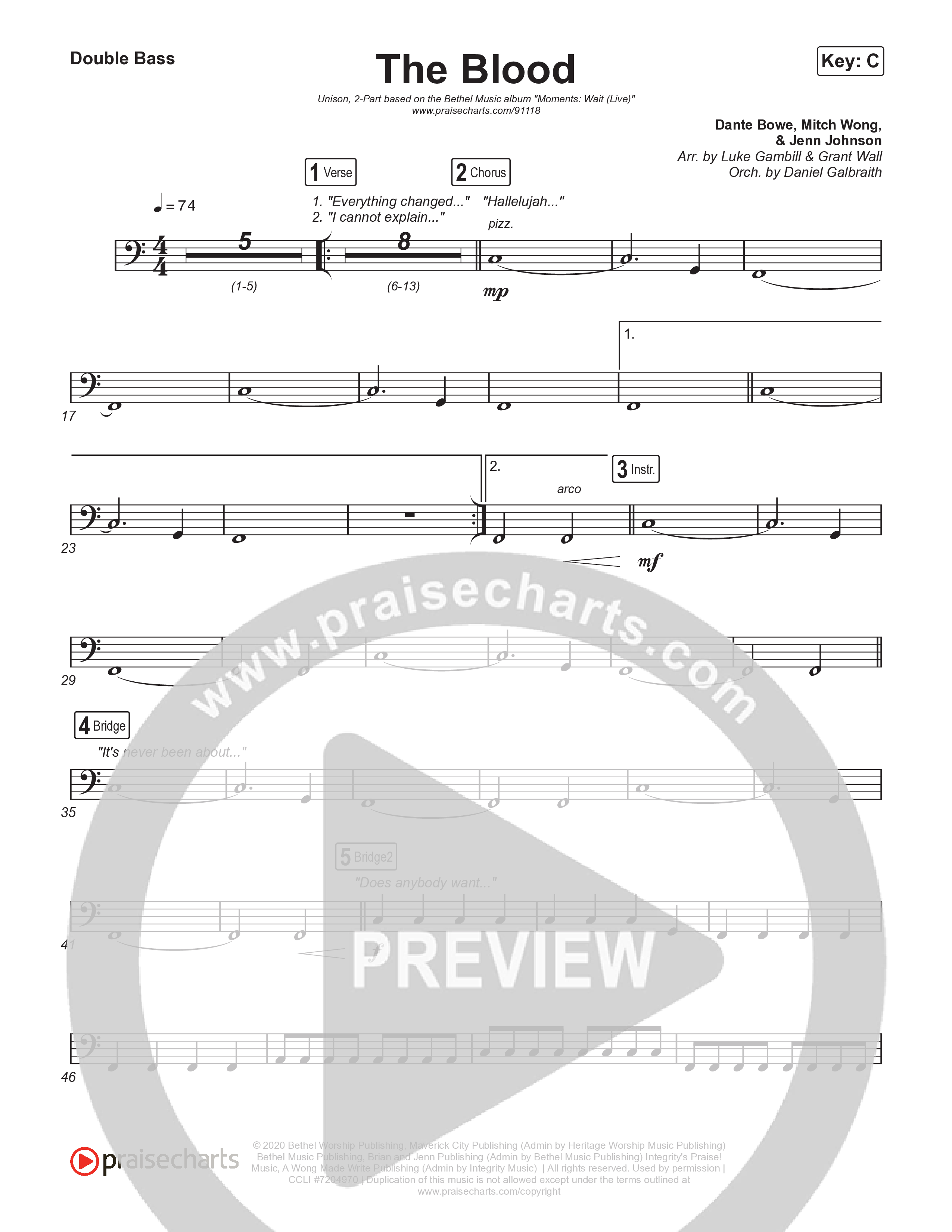 The Blood (Unison/2-Part) Double Bass (Bethel Music / David Funk / Arr. Luke Gambill)