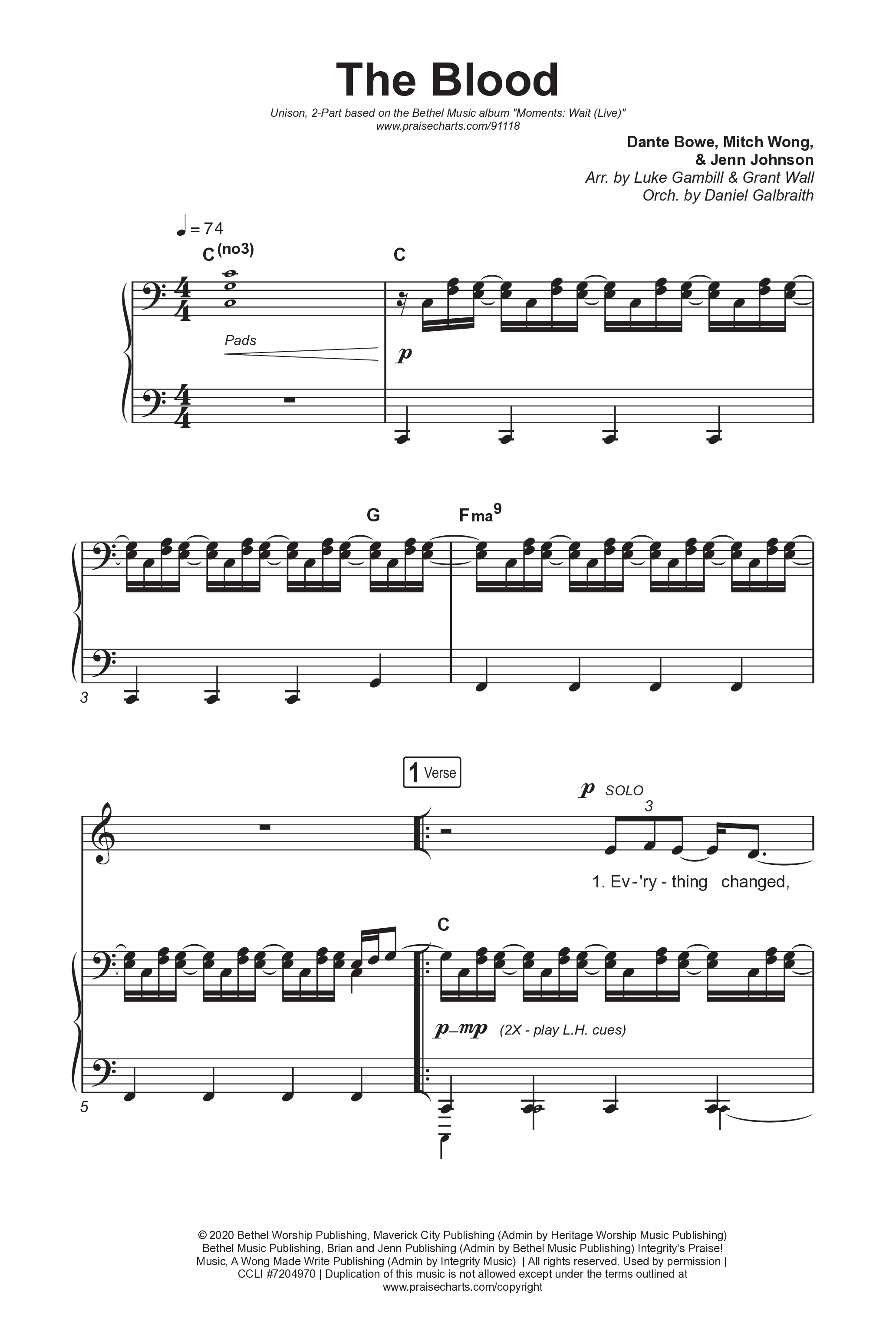 The Blood (Unison/2-Part) Octavo (Uni/2-Part & Pno) (Bethel Music / David Funk / Arr. Luke Gambill)
