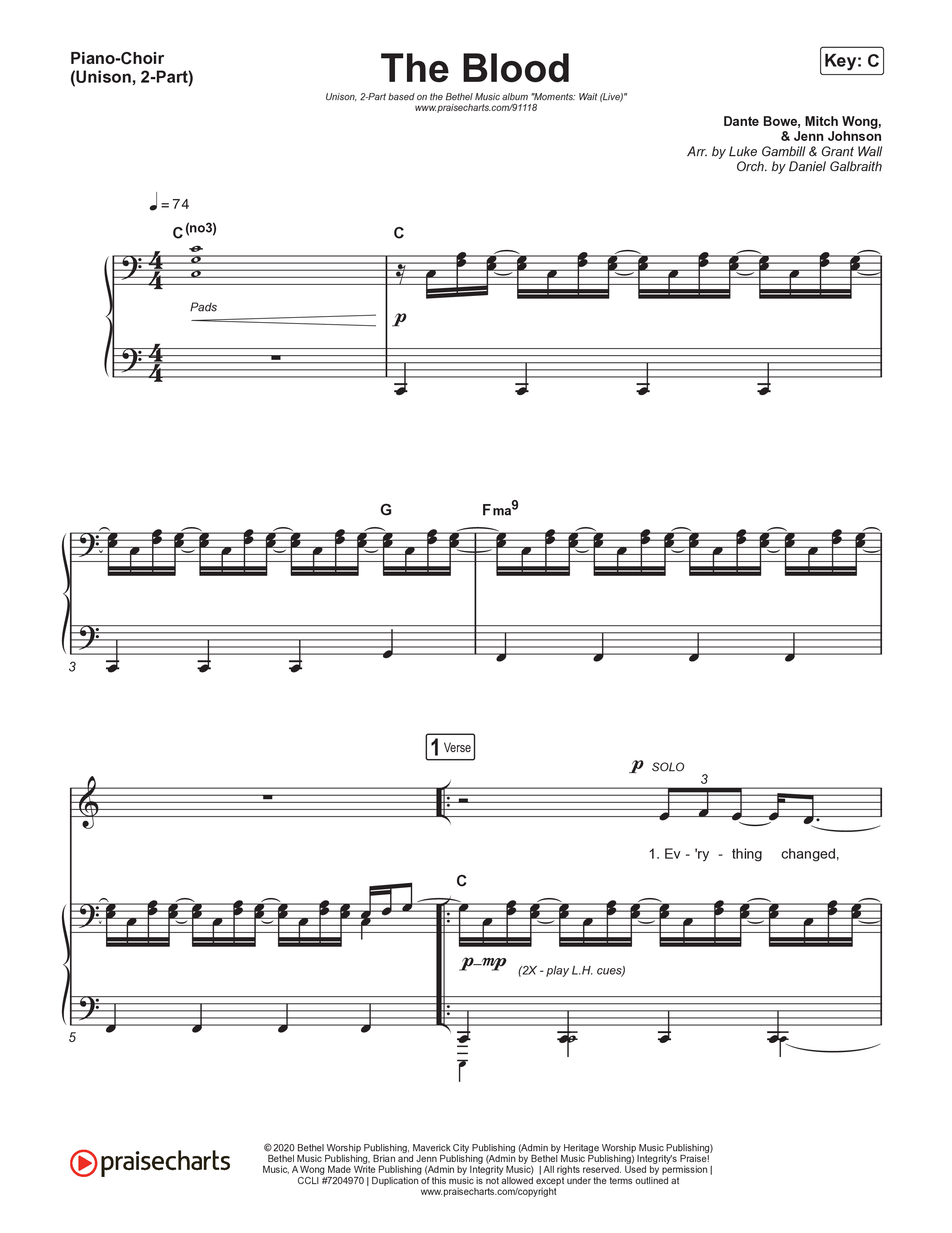 The Blood (Unison/2-Part) Piano/Choir (Uni/2-Part) (Bethel Music / David Funk / Arr. Luke Gambill)