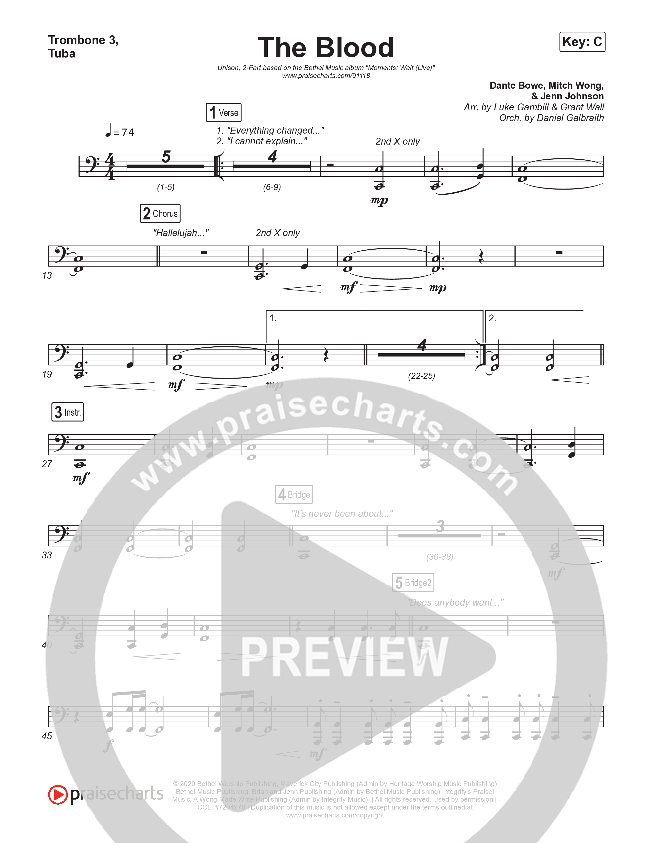 The Blood (Unison/2-Part) Trombone 3/Tuba (Bethel Music / David Funk / Arr. Luke Gambill)